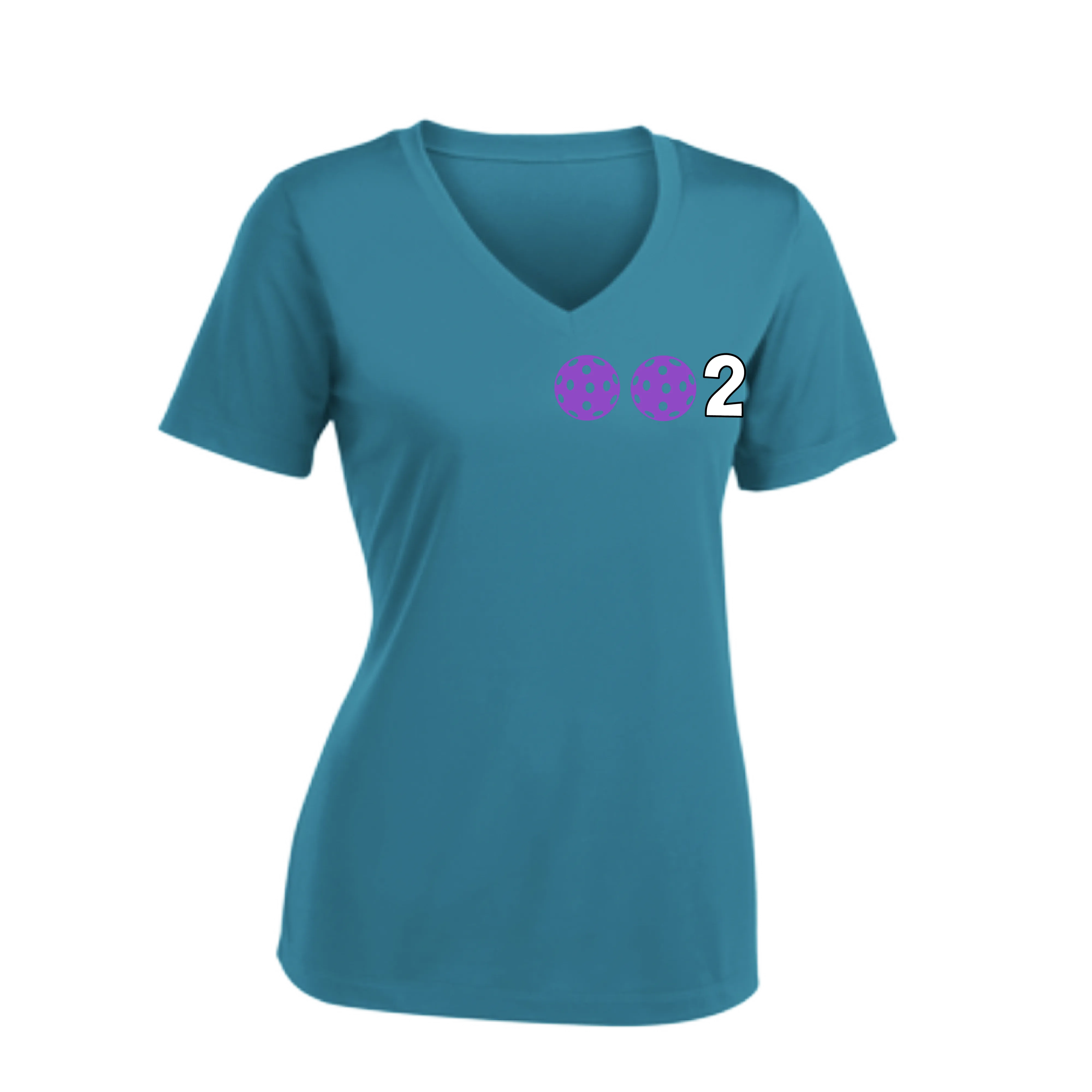 002 With Pickleballs (Colors Purple Green Orange) Customizable | Women's Short Sleeve V-Neck Pickleball Shirts | 100% Polyester