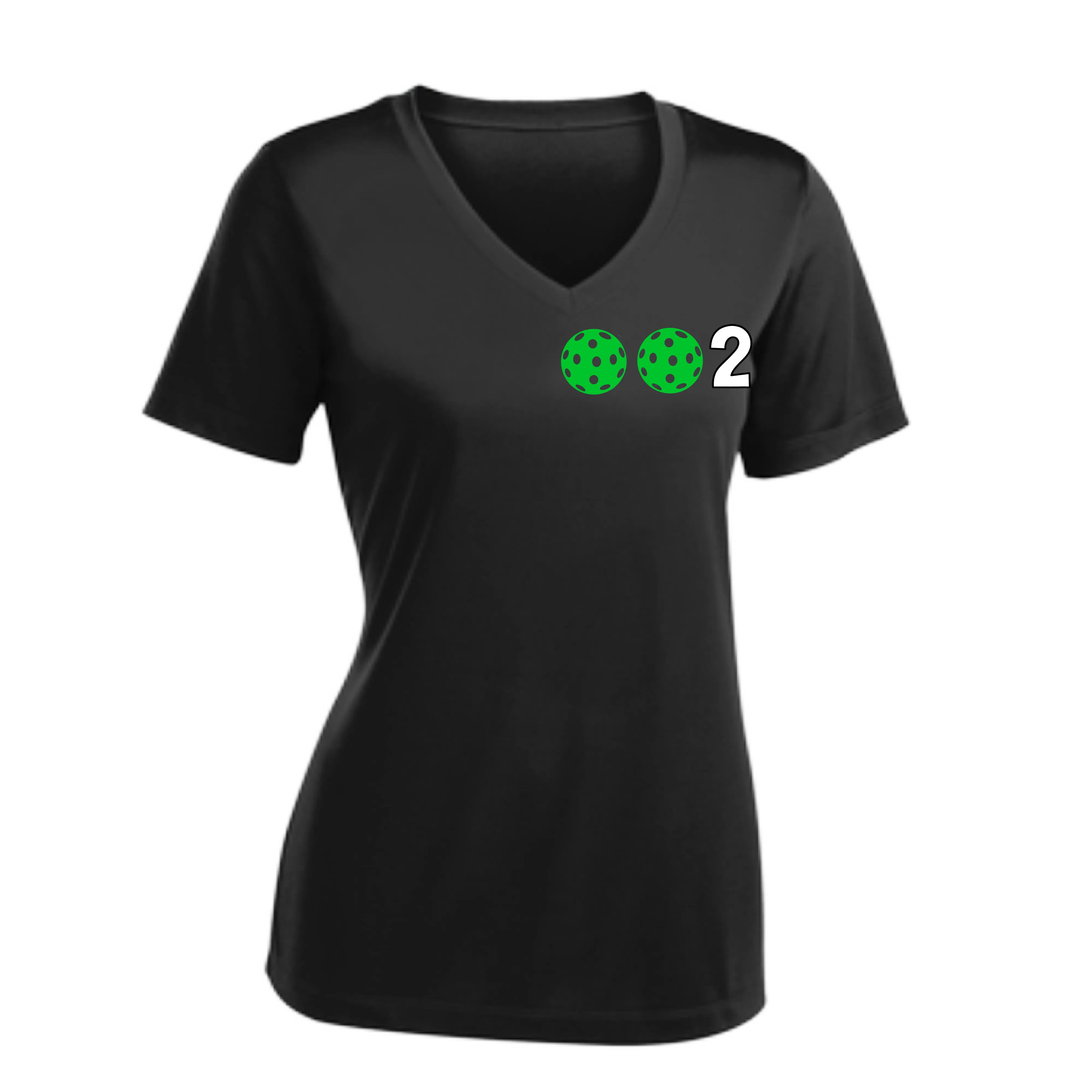 002 With Pickleballs (Colors Purple Green Orange) Customizable | Women's Short Sleeve V-Neck Pickleball Shirts | 100% Polyester