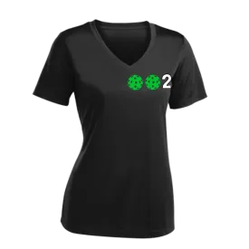 002 With Pickleballs (Colors Purple Green Orange) Customizable | Women's Short Sleeve V-Neck Pickleball Shirts | 100% Polyester