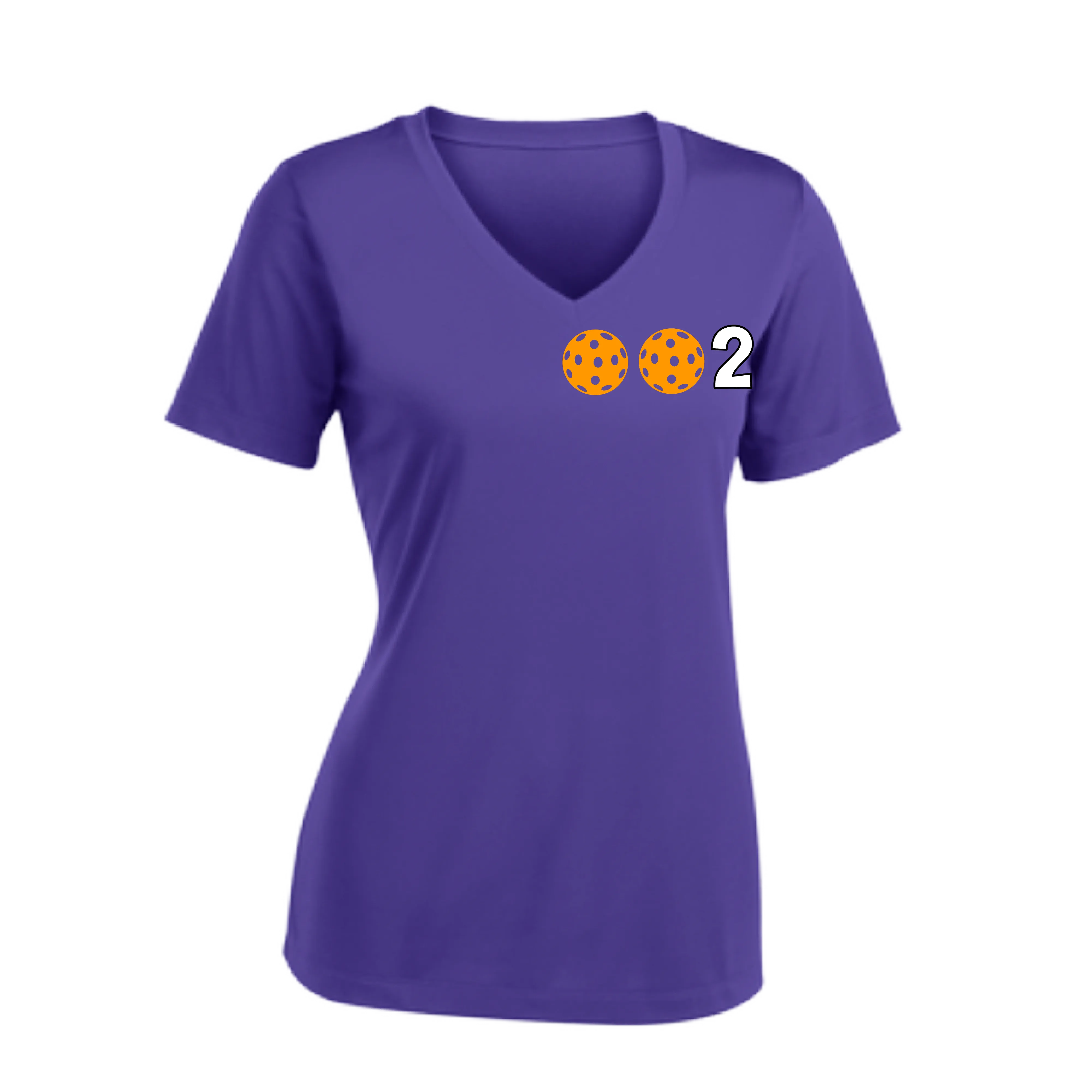 002 With Pickleballs (Colors Purple Green Orange) Customizable | Women's Short Sleeve V-Neck Pickleball Shirts | 100% Polyester