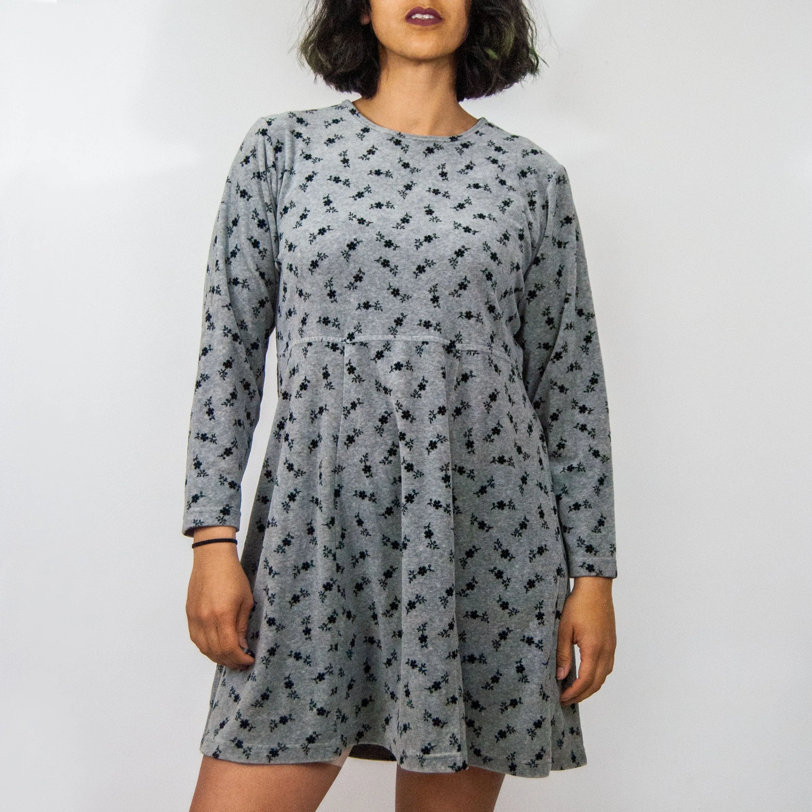 00's Grey Velour Floral Skater Dress by LL Bean