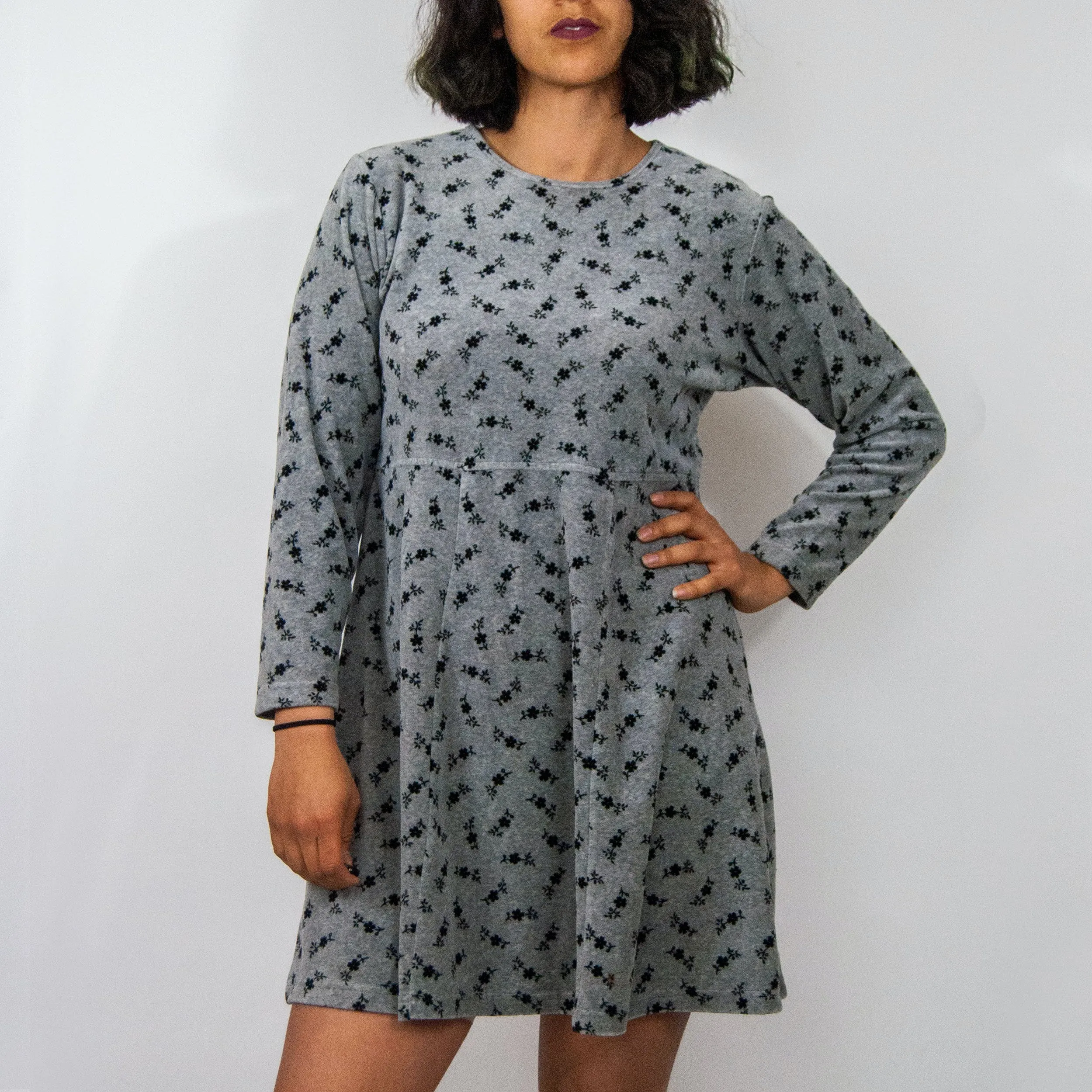 00's Grey Velour Floral Skater Dress by LL Bean