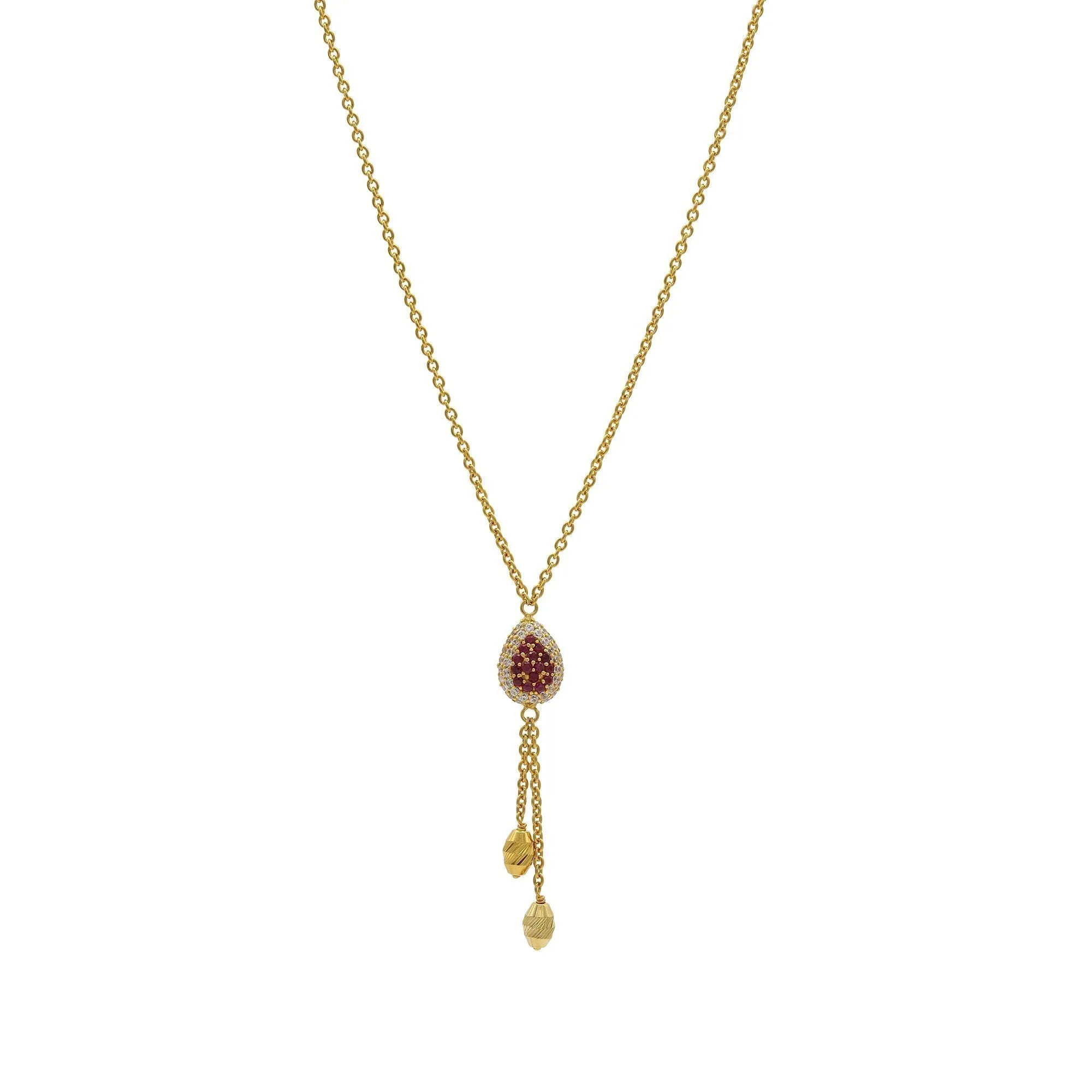 22K Gold Necklace W/Teardrop Ruby & CZ Pendant