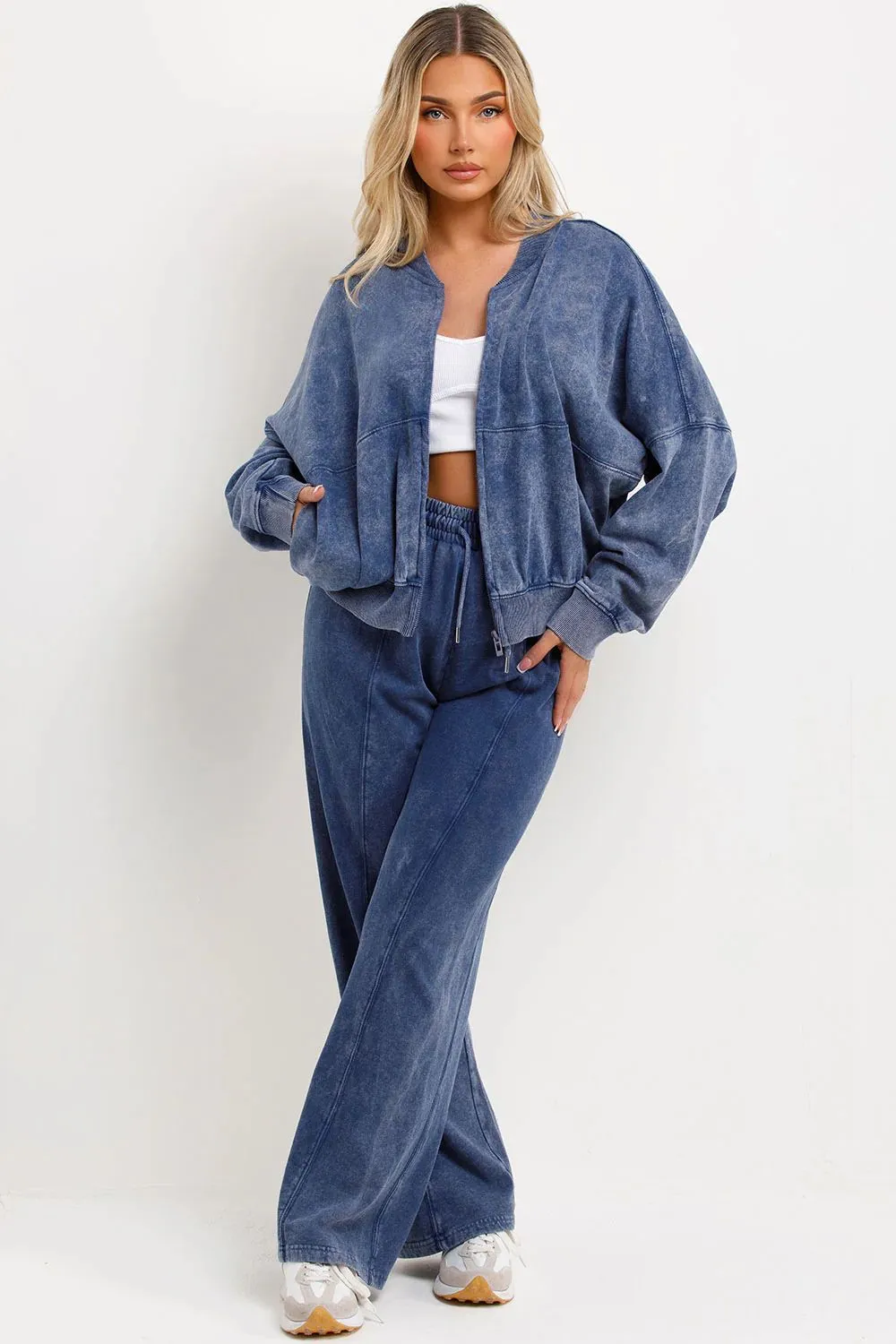 ACID WASH OVERSIZED BOMBER STYLE FLEECE ZIPPER CO-ORD