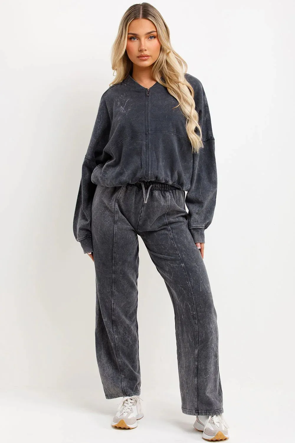 ACID WASH OVERSIZED BOMBER STYLE FLEECE ZIPPER CO-ORD