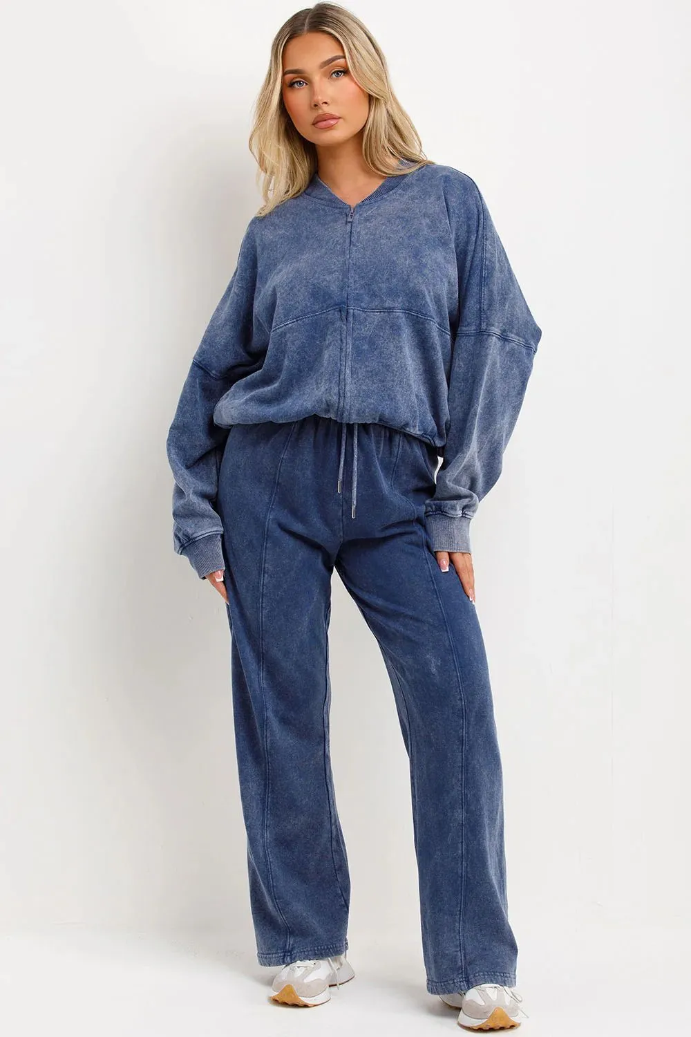 ACID WASH OVERSIZED BOMBER STYLE FLEECE ZIPPER CO-ORD