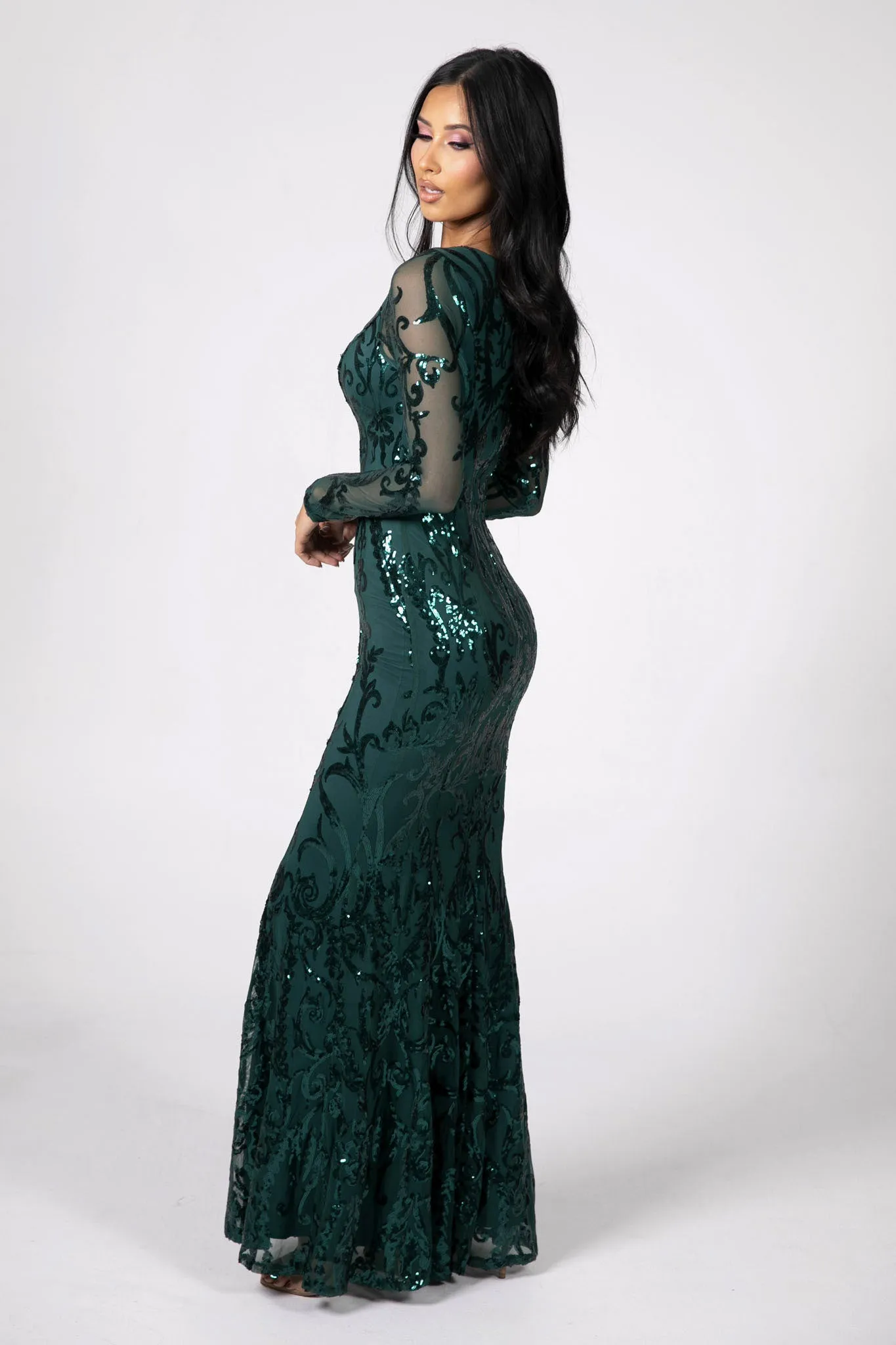 Amelia Long-Sleeve Pattern Sequin Gown - Emerald