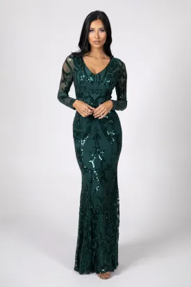 Amelia Long-Sleeve Pattern Sequin Gown - Emerald