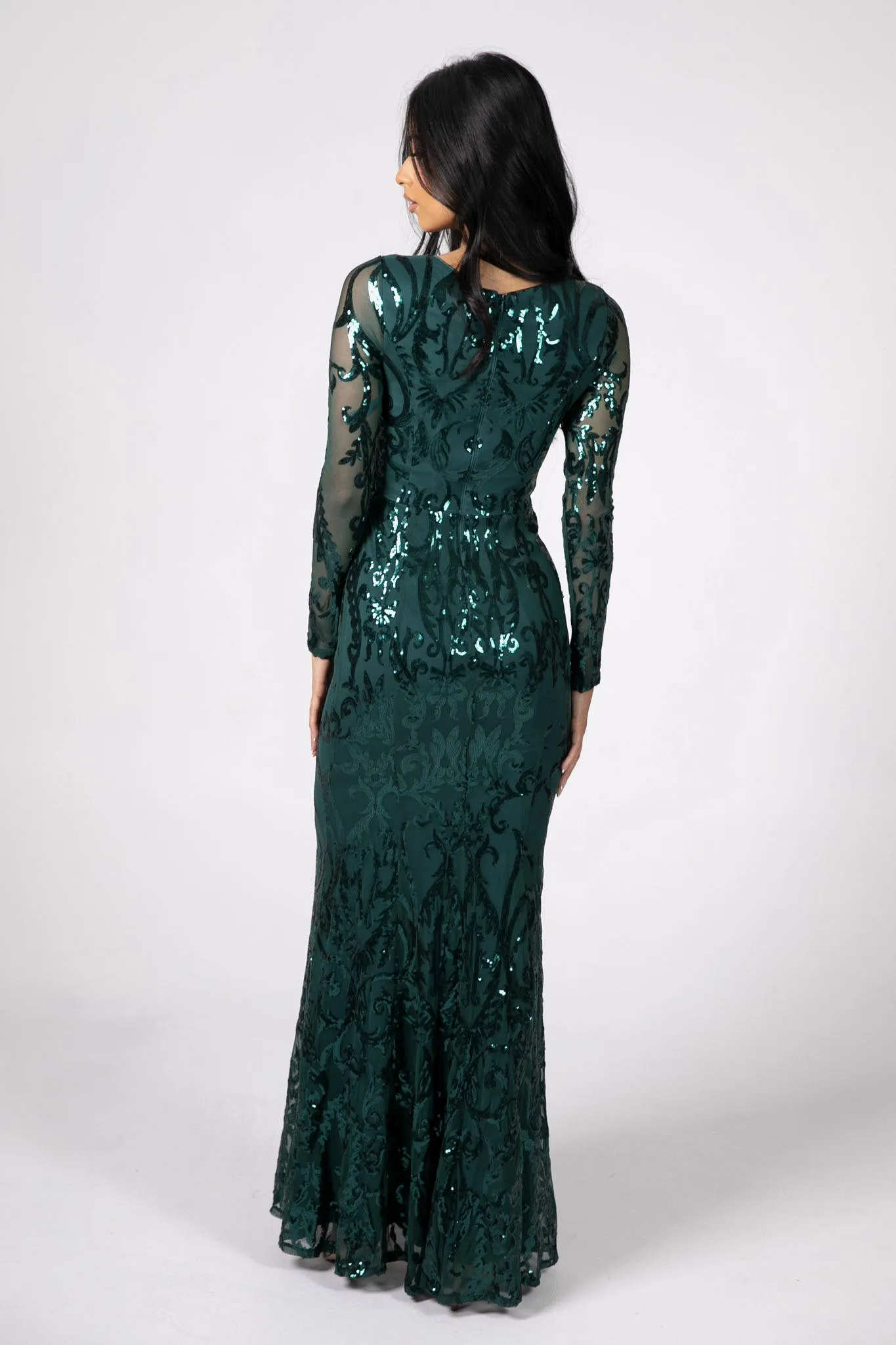 Amelia Long-Sleeve Pattern Sequin Gown - Emerald