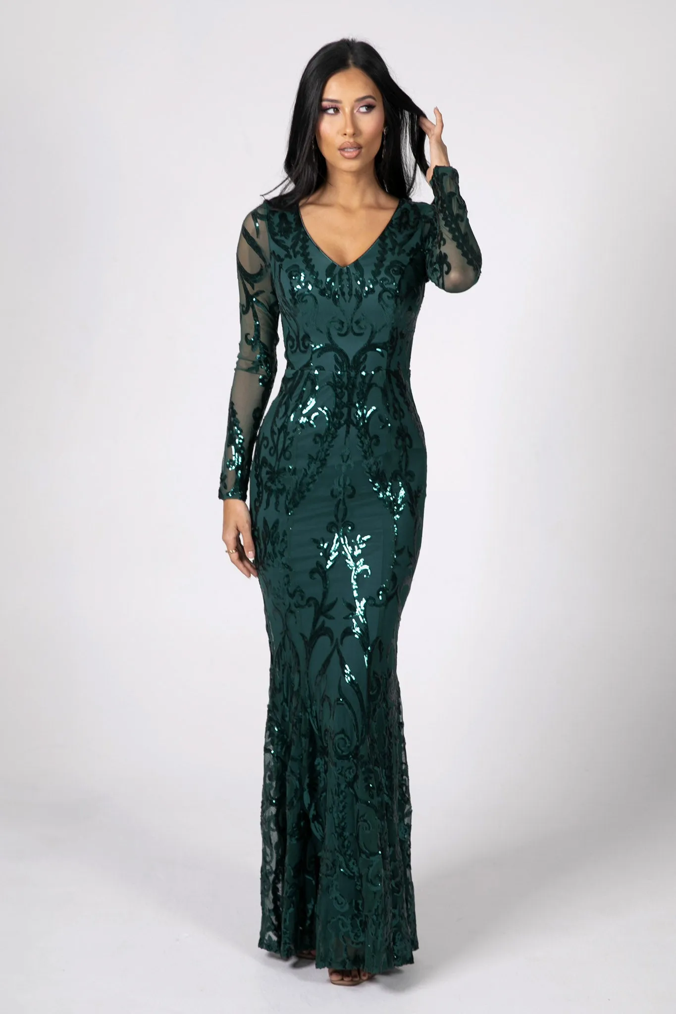 Amelia Long-Sleeve Pattern Sequin Gown - Emerald