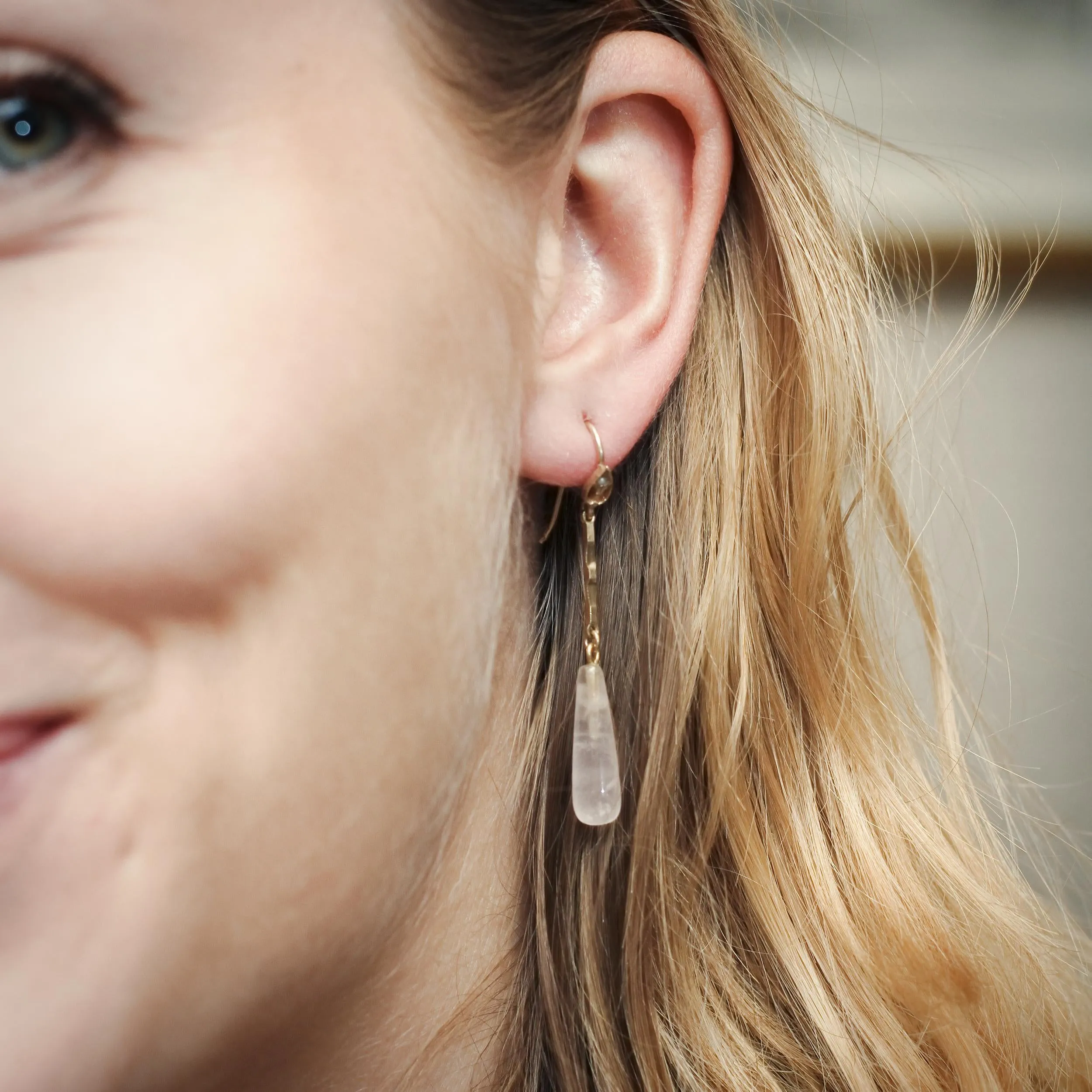 Art Nouveau Inspired Rose Quartz and Seed Pearl Drop Earrings