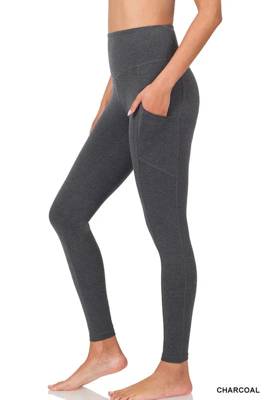 BETTER COTTON WIDE WAISTBAND POCKET LEGGINGS - Zenana