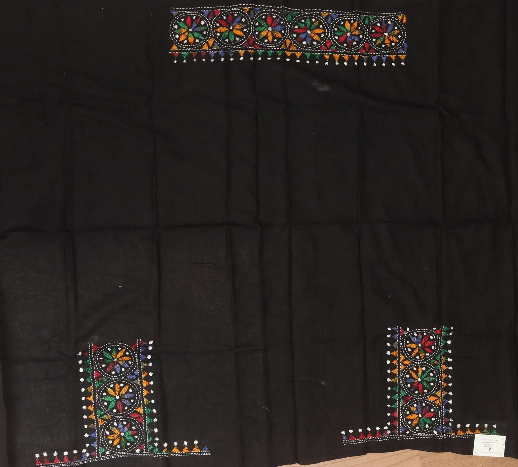 Black Embroidered Kantha Cotton Blouse Piece Fabric ( 1 Mtr )