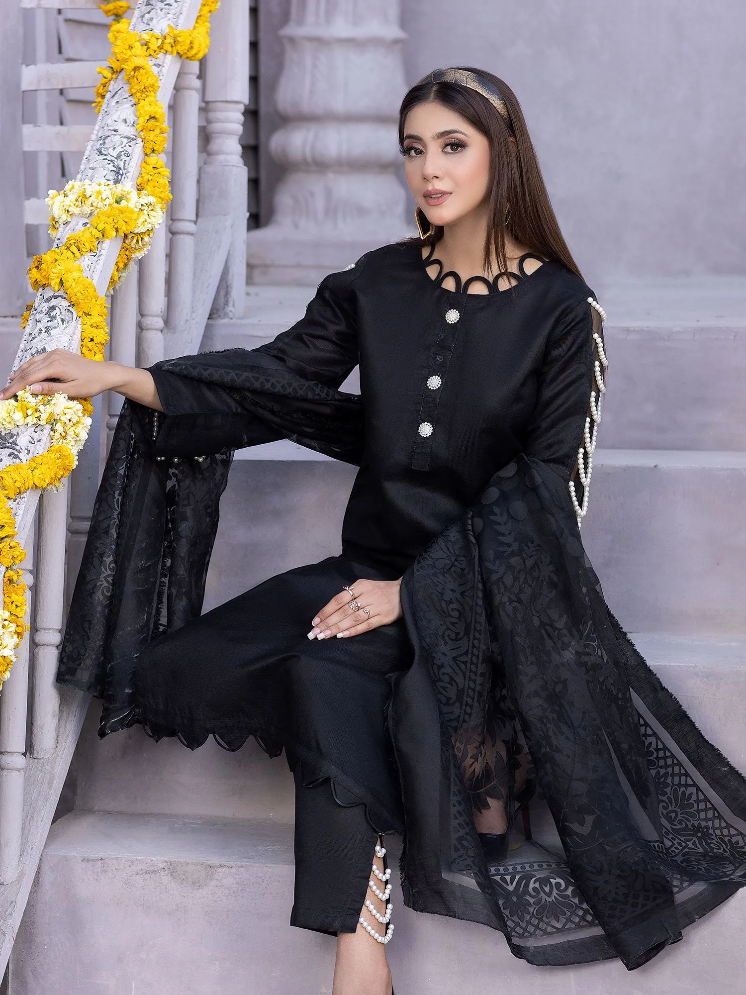 Black Viscose 3-Piece Suit with Pearl Embellishments