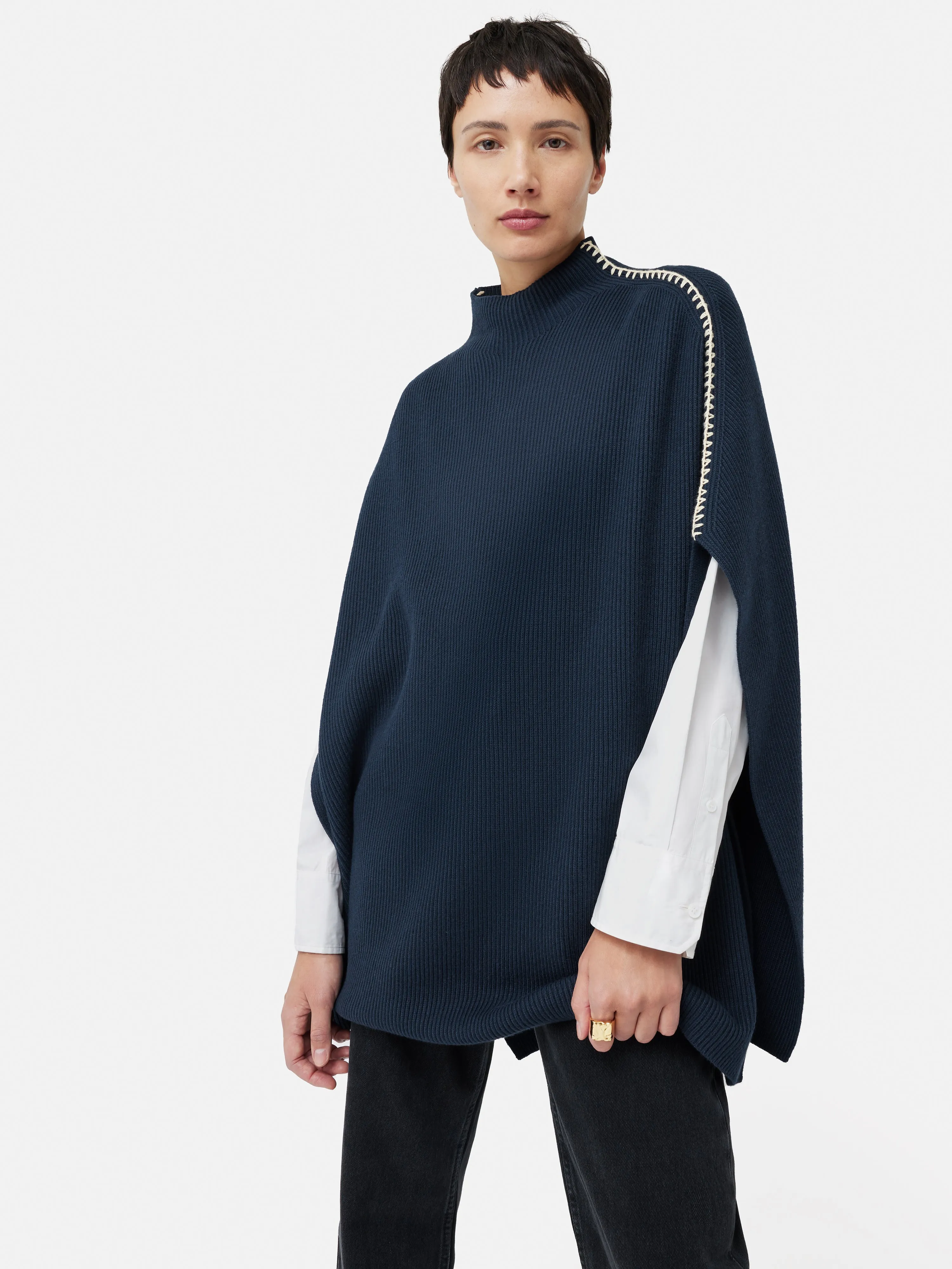 Blanket Stitch Poncho | Navy