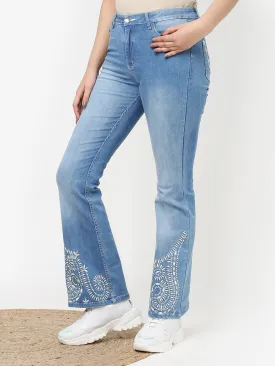 Blue Embroidered Flared Jeans for Women