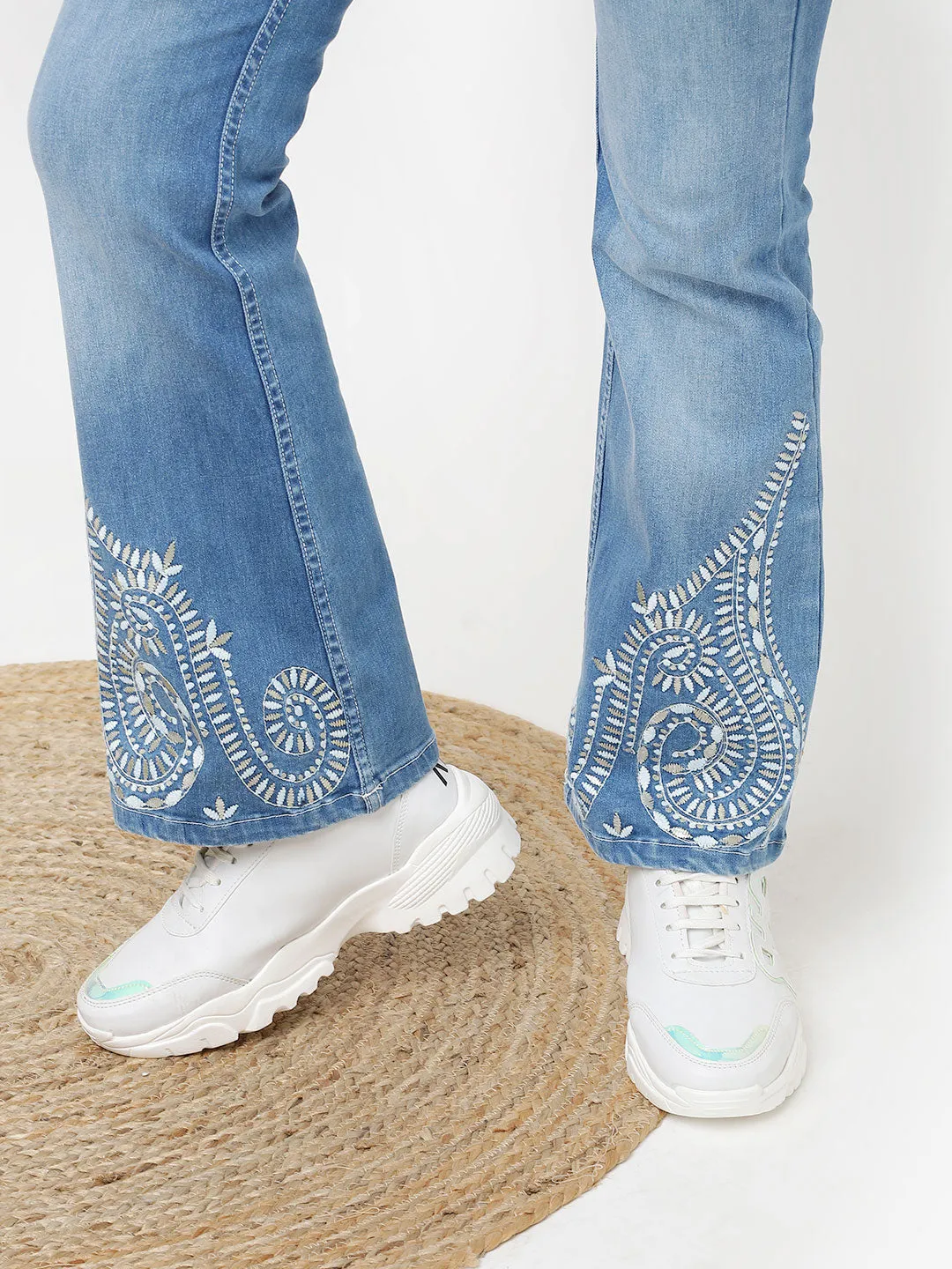 Blue Embroidered Flared Jeans for Women