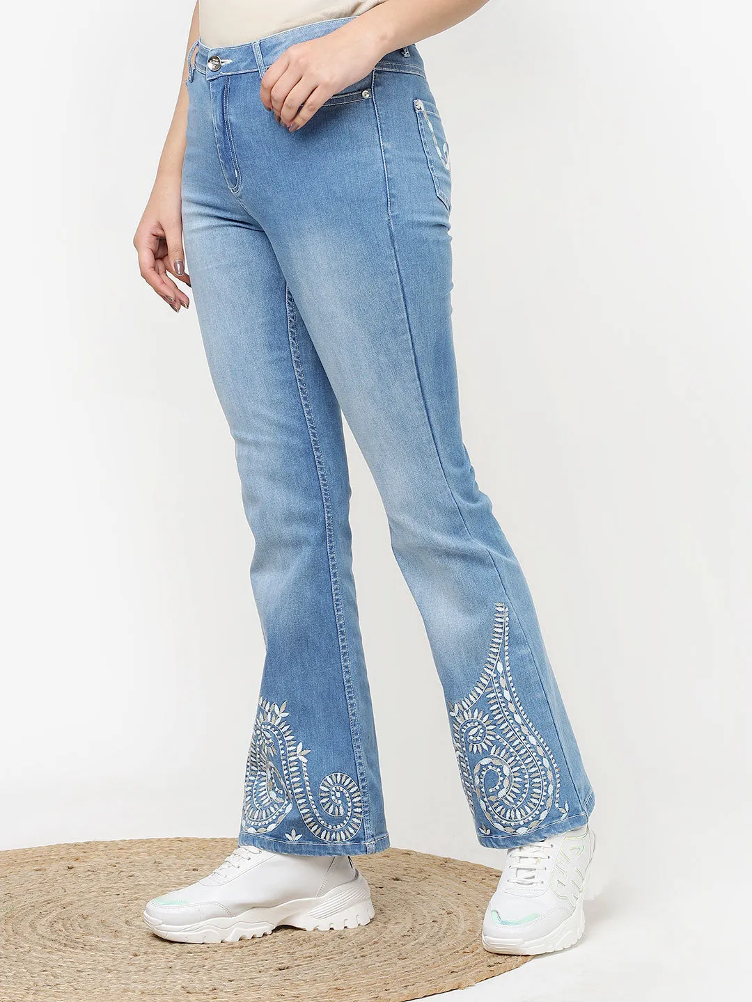 Blue Embroidered Flared Jeans for Women