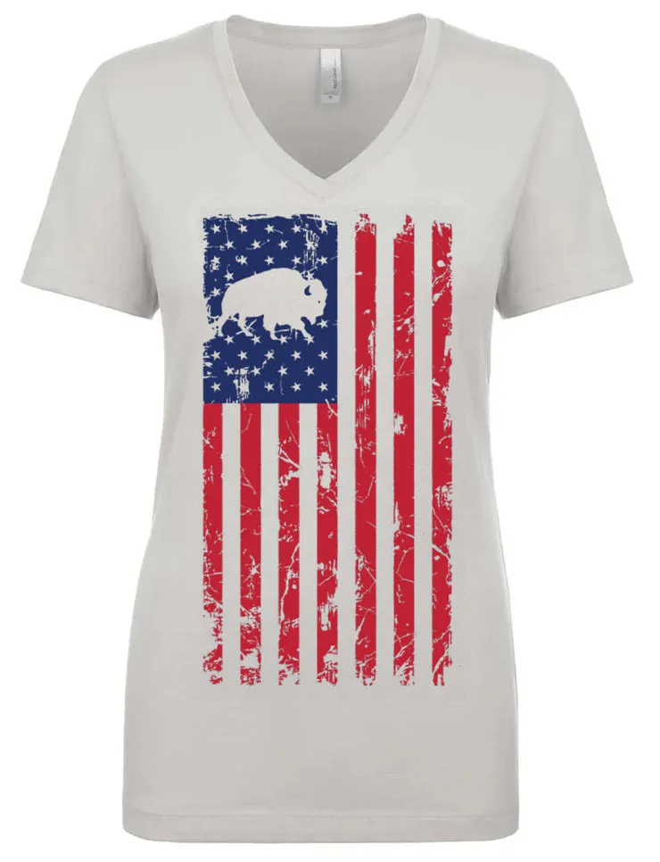 Buffalo USA Flag - LIGHT GRAY - Ladies Fitted V Neck