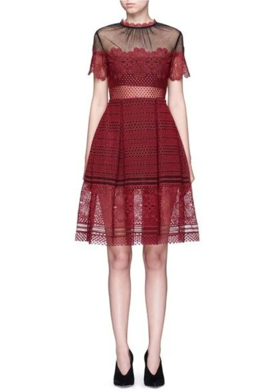 Elegant Burgundy Red Lace Dress with Short Sleeves - Felicia Style