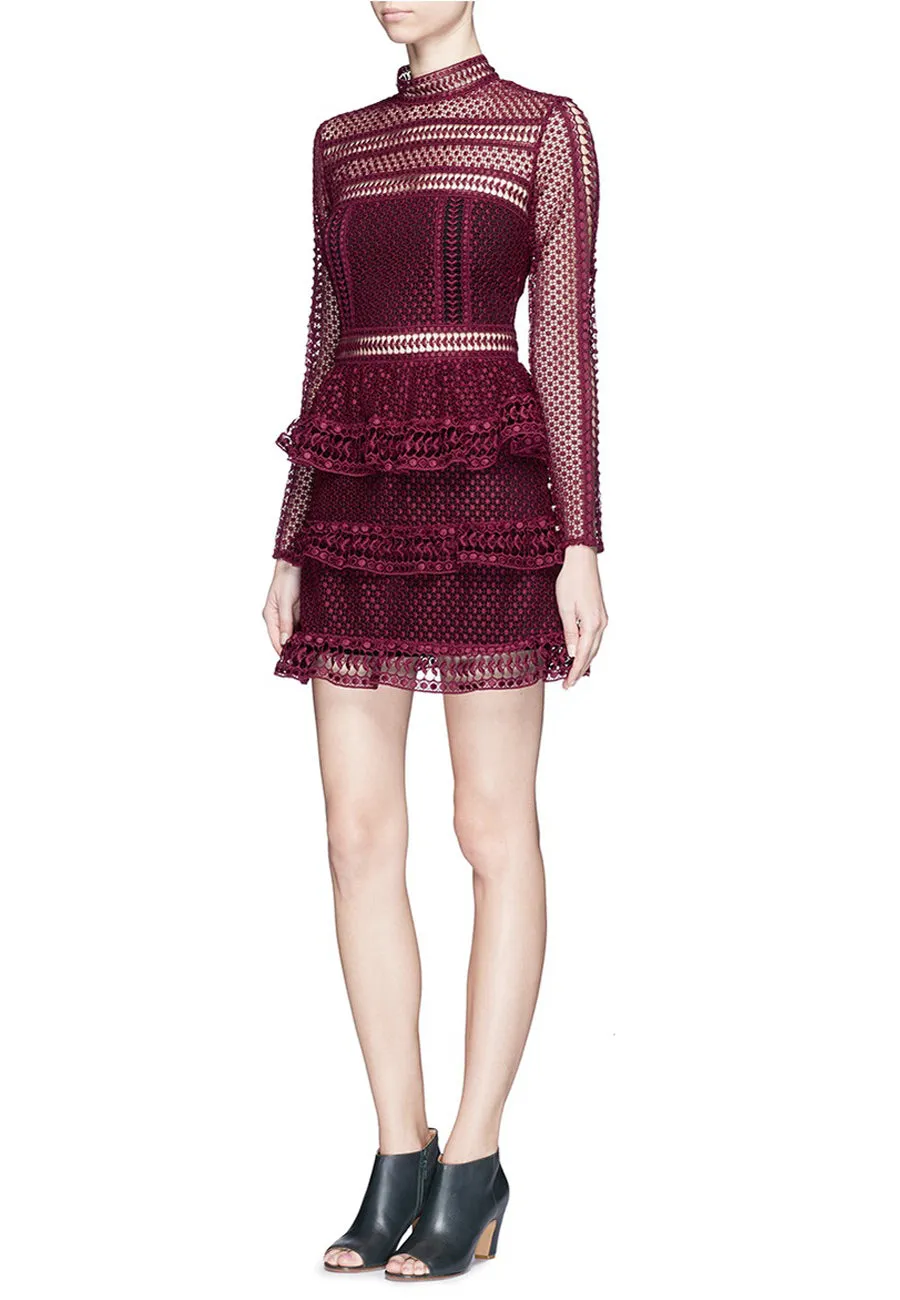 Burgundy Tiered Lace Long Sleeve Mini Dress