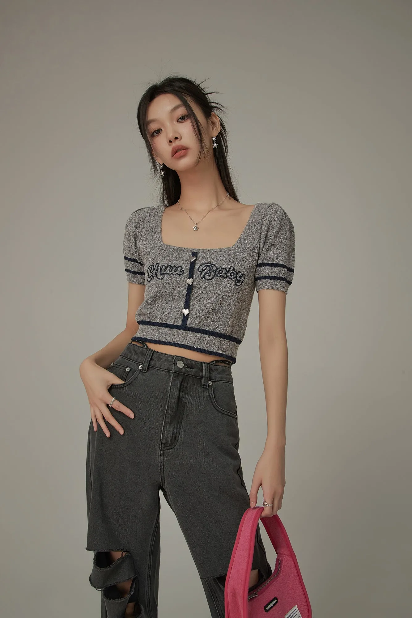 Chuu Baby Square Neck Heart Button Crop Kniit Top