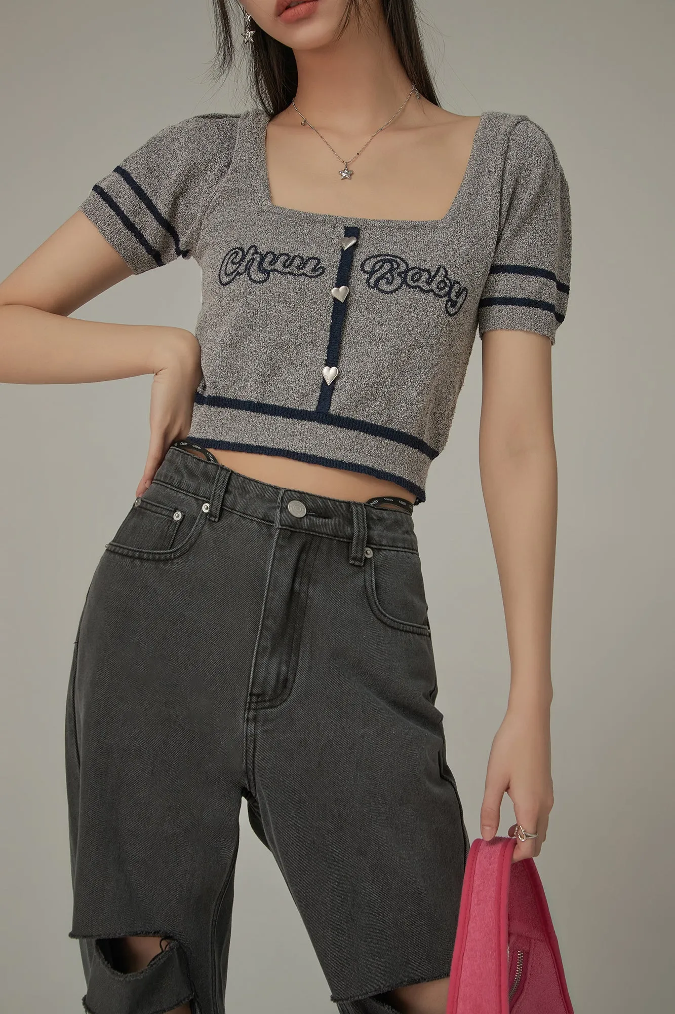 Chuu Baby Square Neck Heart Button Crop Kniit Top