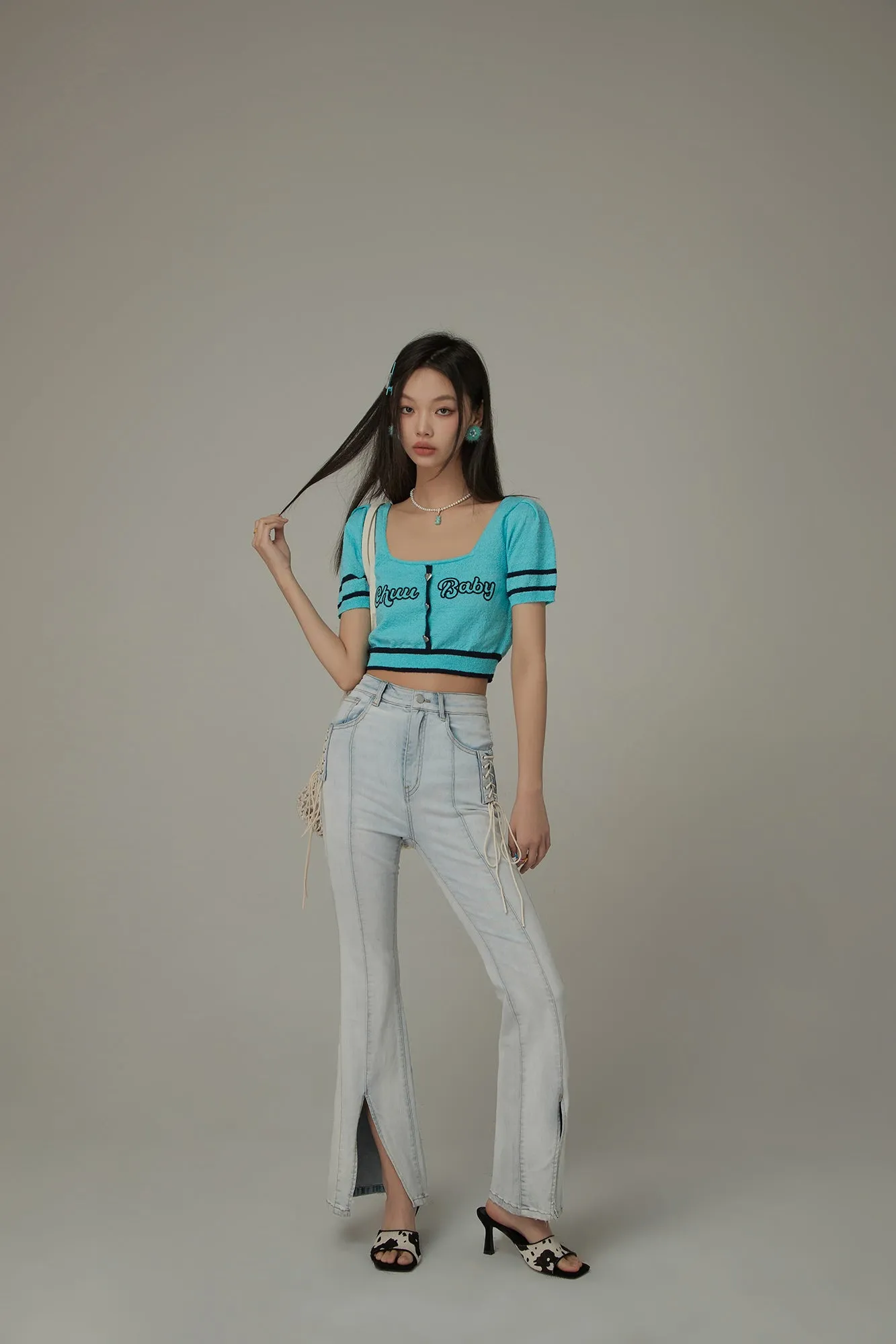 Chuu Baby Square Neck Heart Button Crop Kniit Top