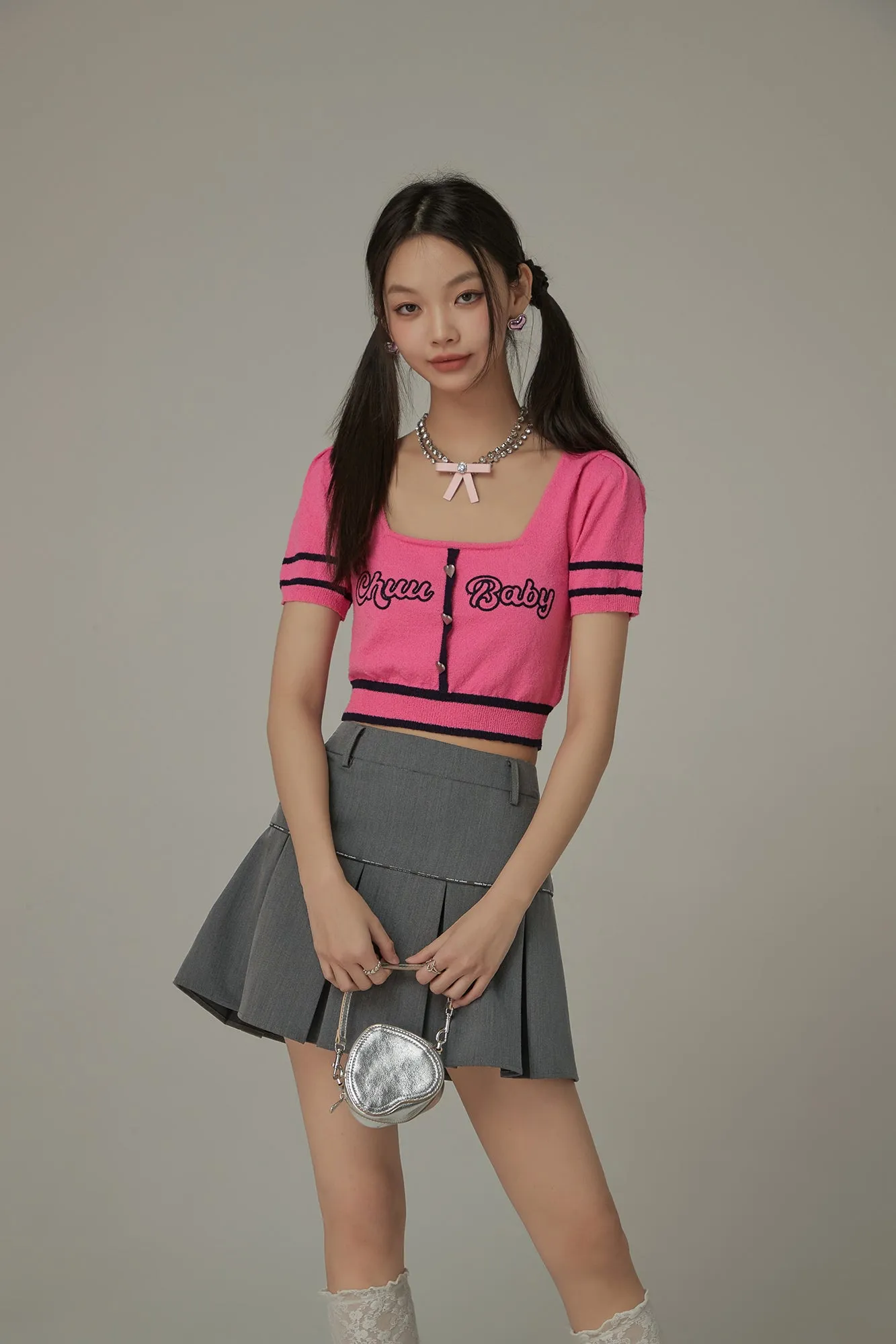 Chuu Baby Square Neck Heart Button Crop Kniit Top