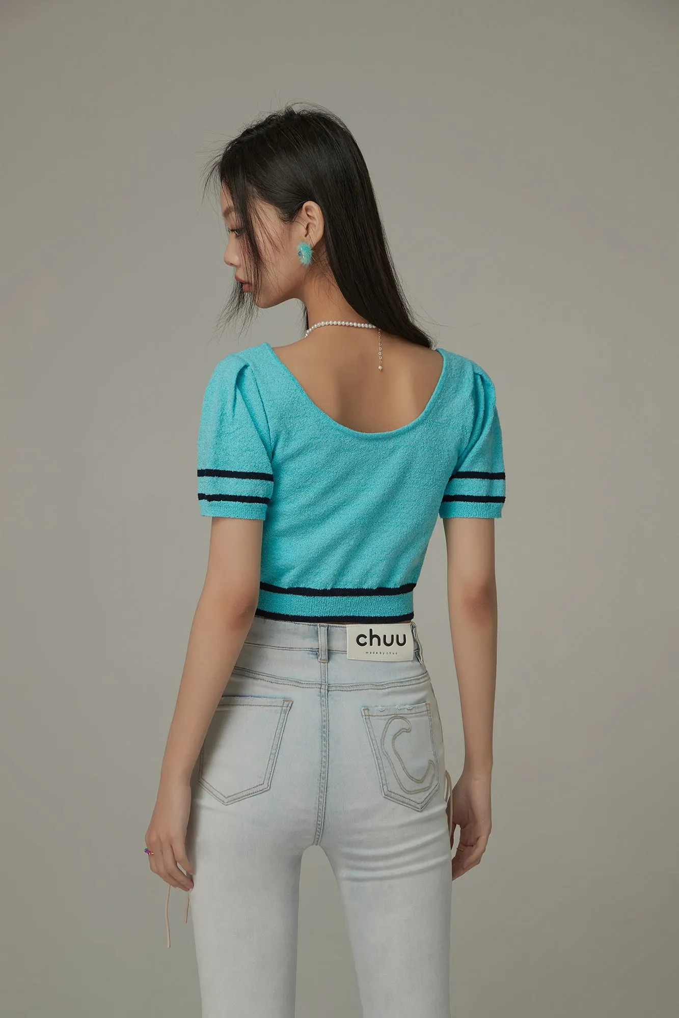 Chuu Baby Square Neck Heart Button Crop Kniit Top