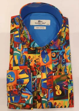 Mens Premium Musical Print Shirt in Vibrant Orange by Claudio Lugli