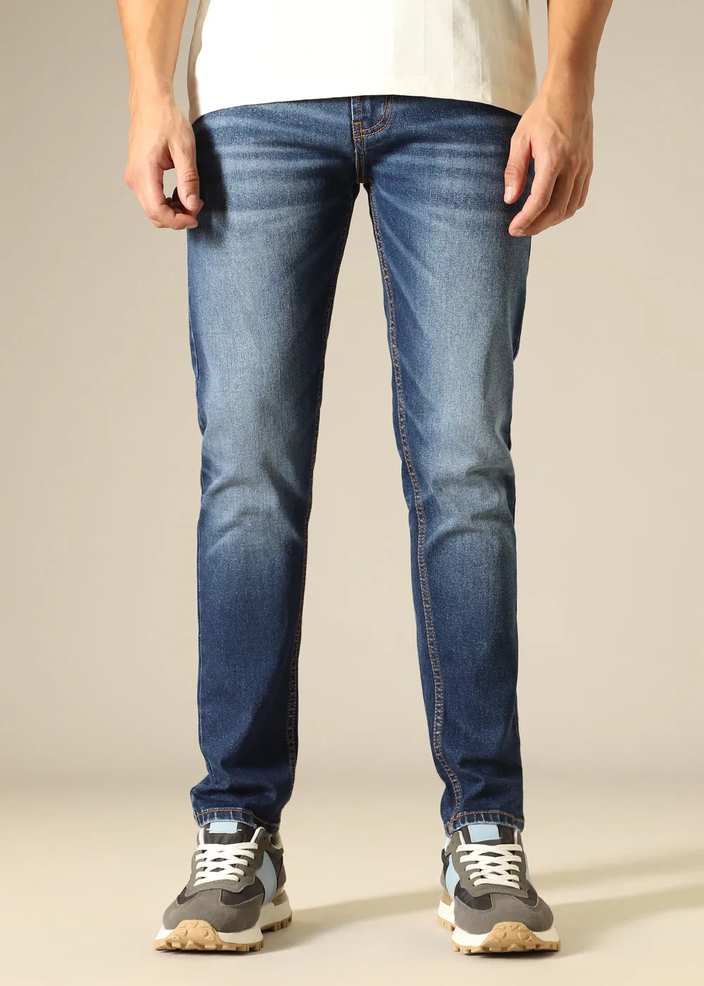 Dark Blue Faded Ankle Slim Fit Jeans