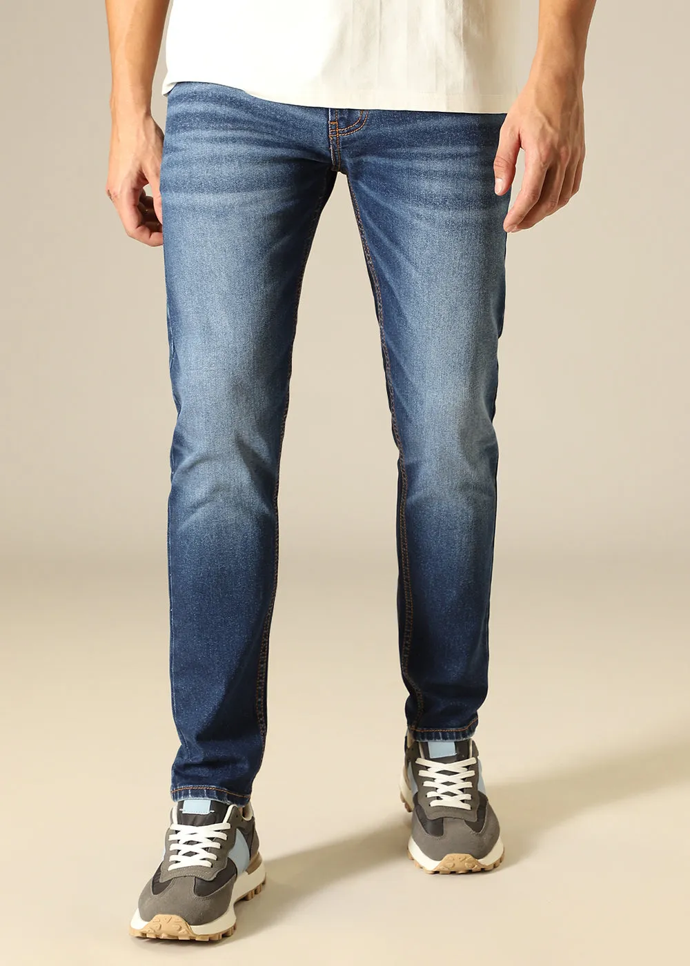 Dark Blue Faded Ankle Slim Fit Jeans