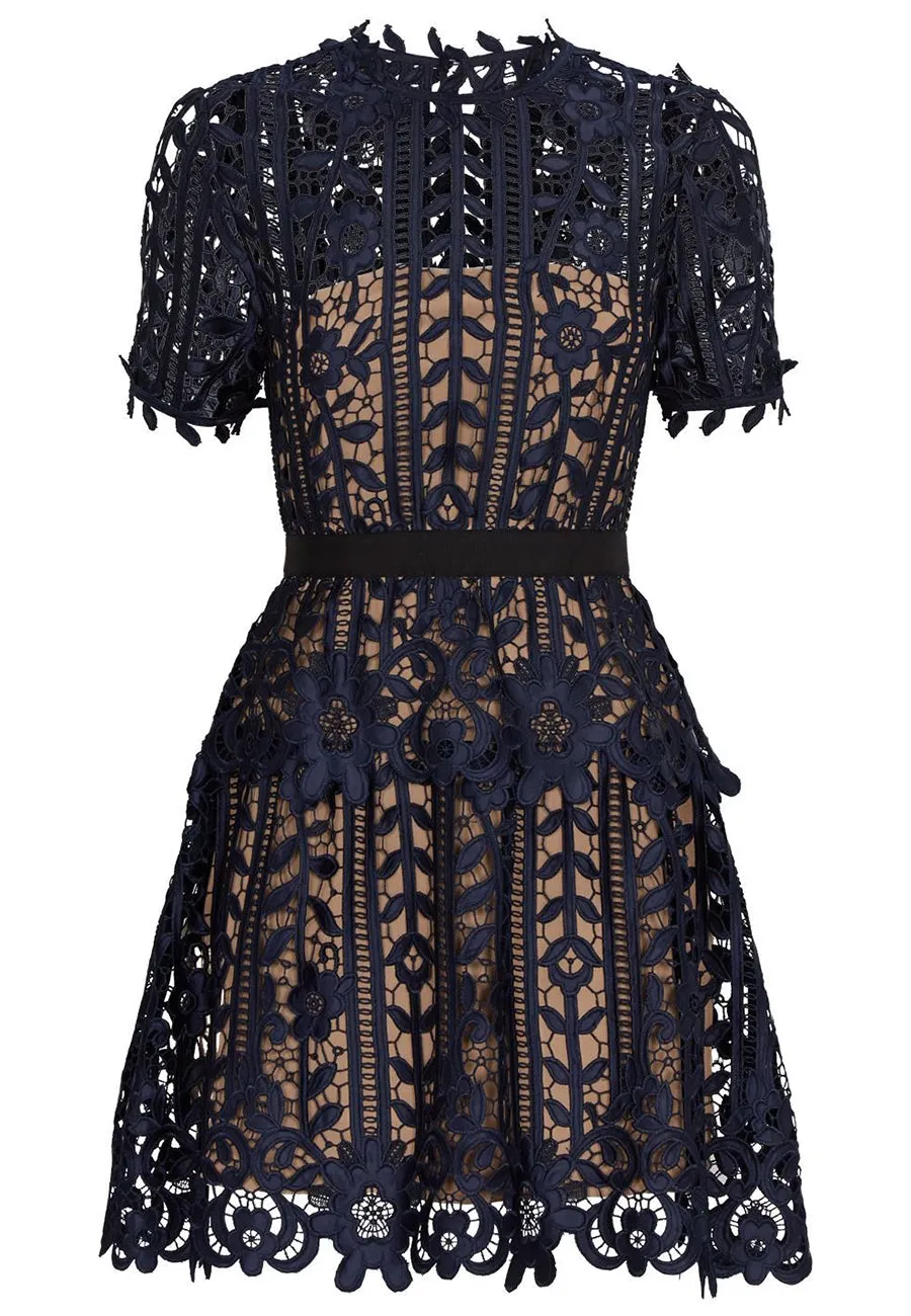 Dark Navy Amarylis Short Sleeves Lace Mini Dress (UK 12)