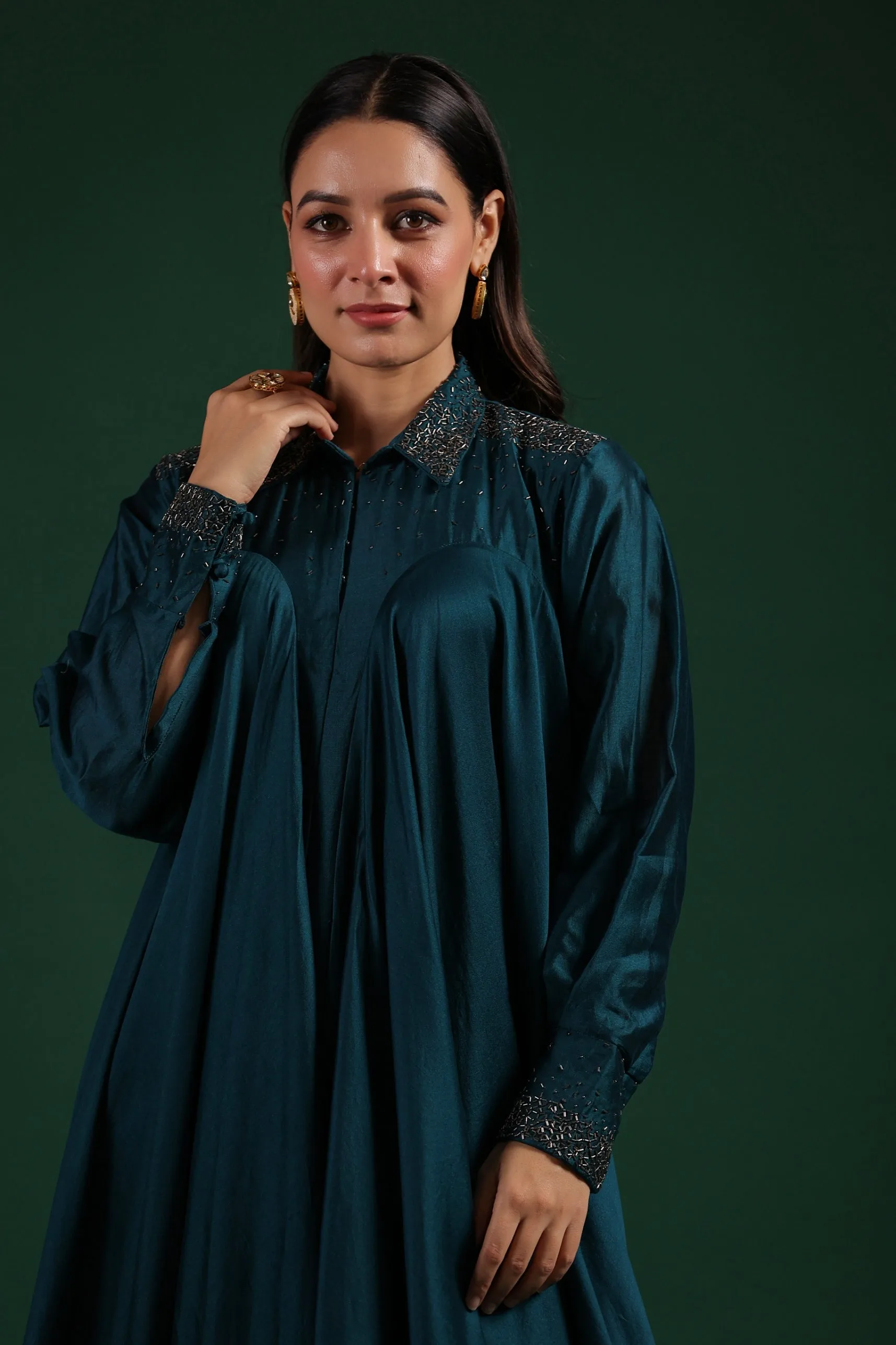 Dark Turquoise Blue Satin Chanderi Silk Dress