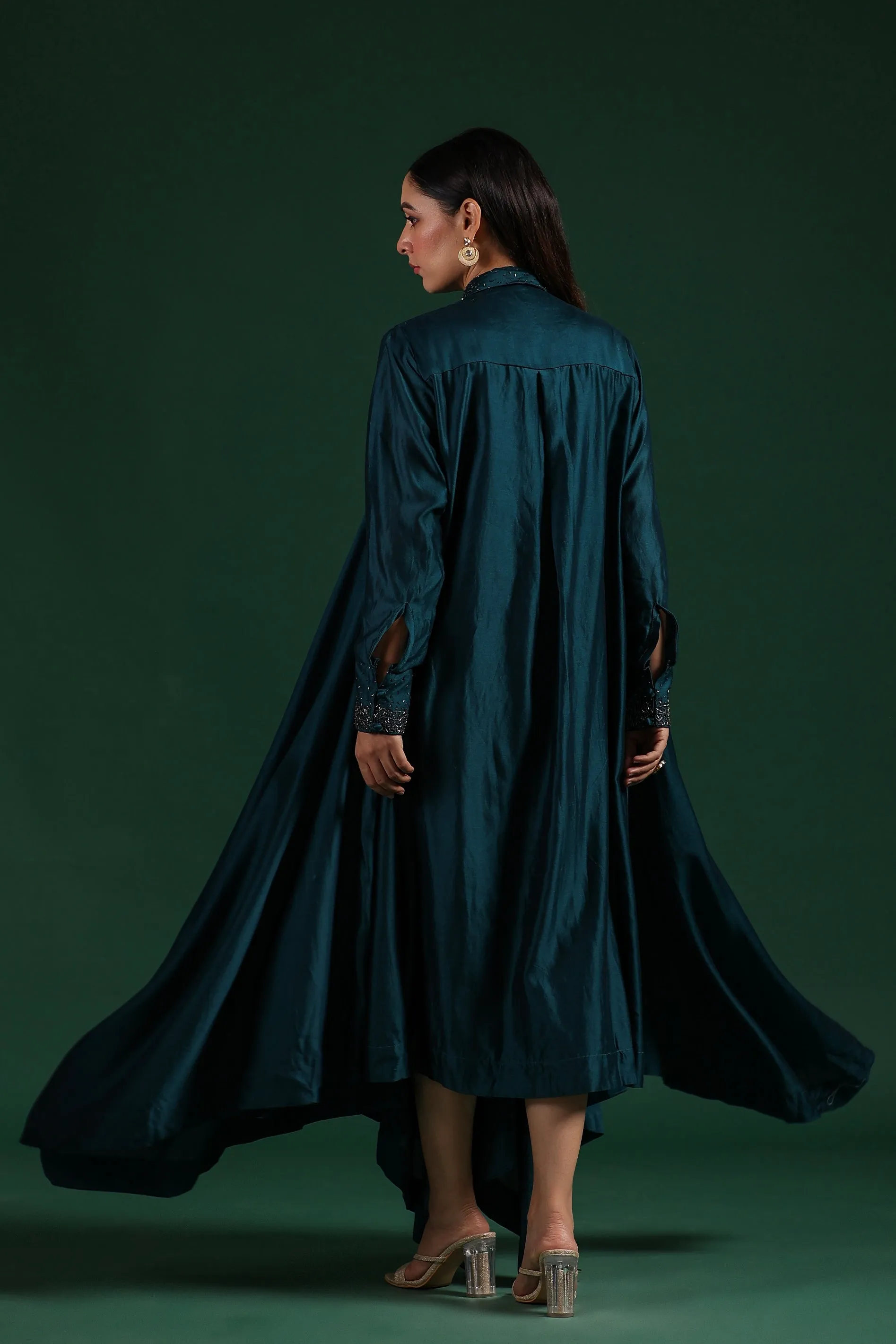 Dark Turquoise Blue Satin Chanderi Silk Dress