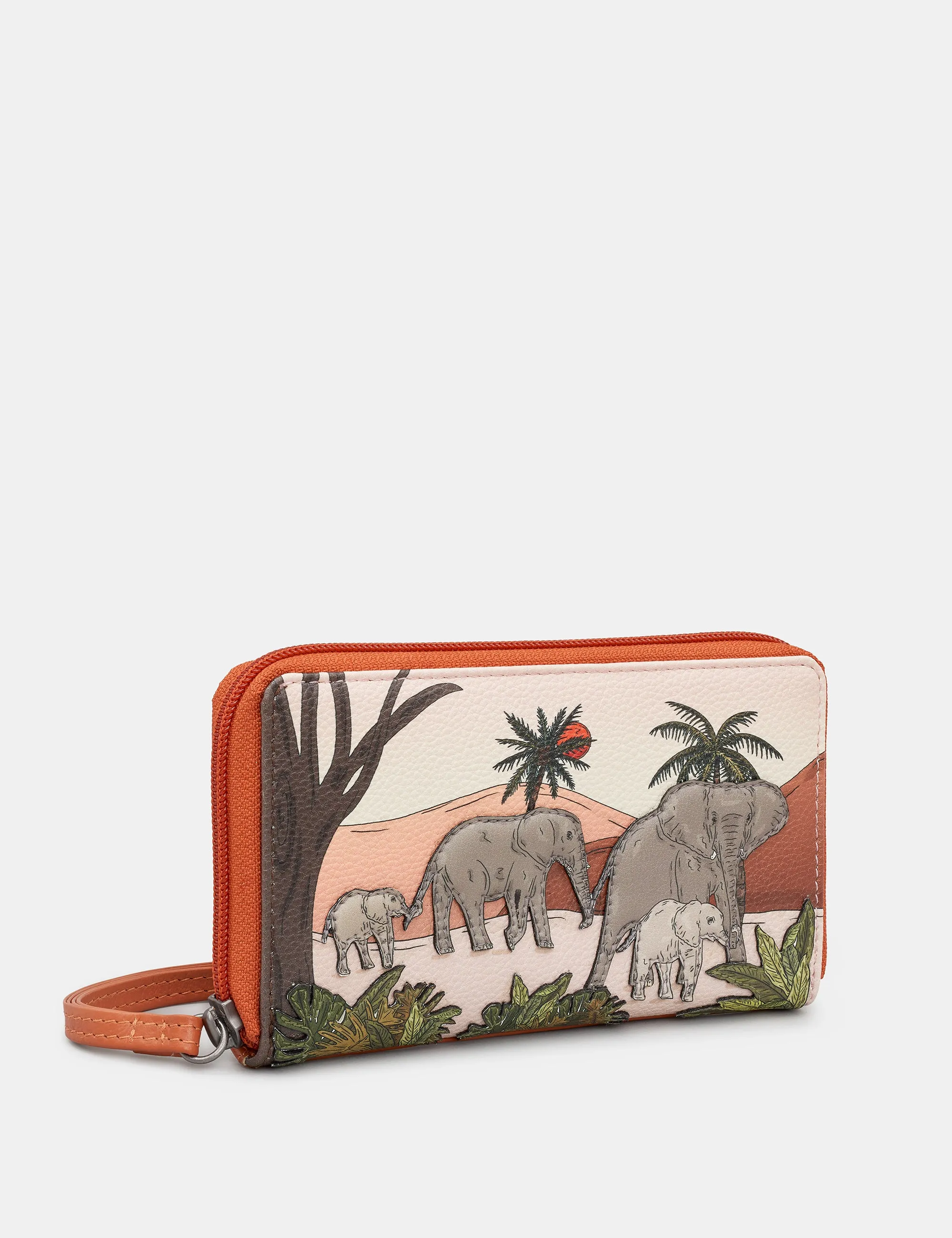 Elephant Parade Zip Around Rust Leather Purse With Wrist Strap