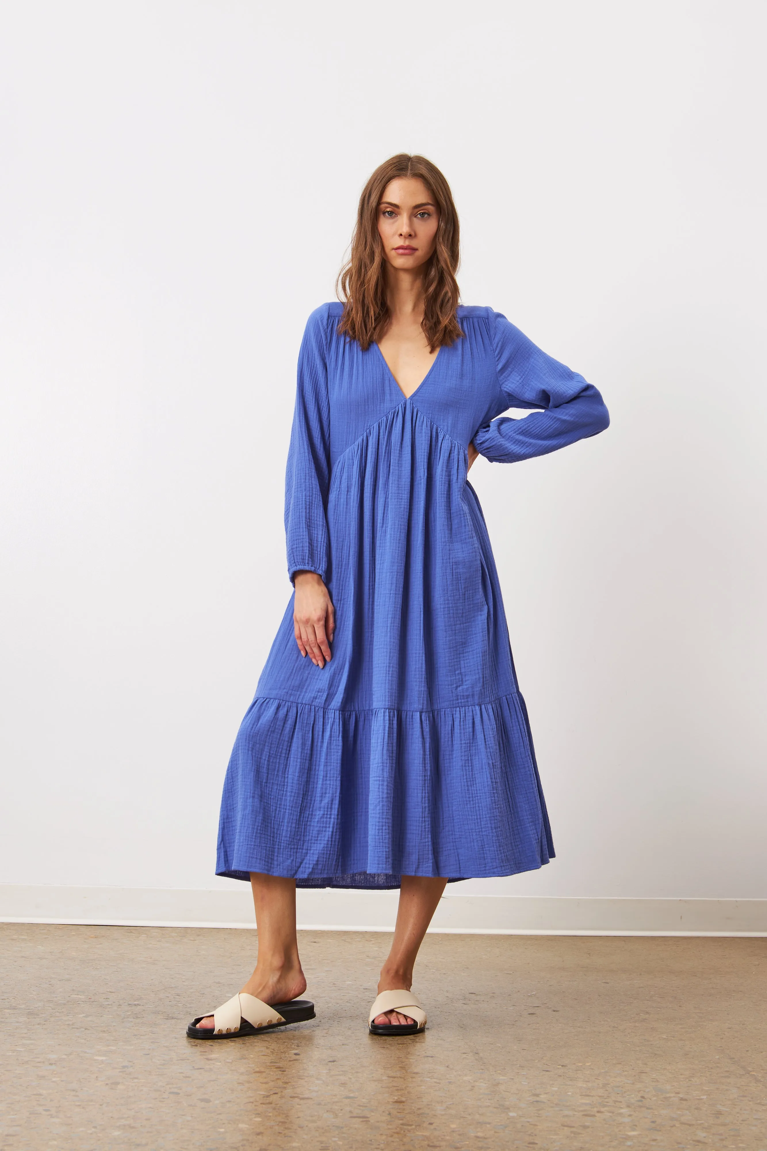 ESTELLE COTTON GAUZE V-NECK TIERED DRESS