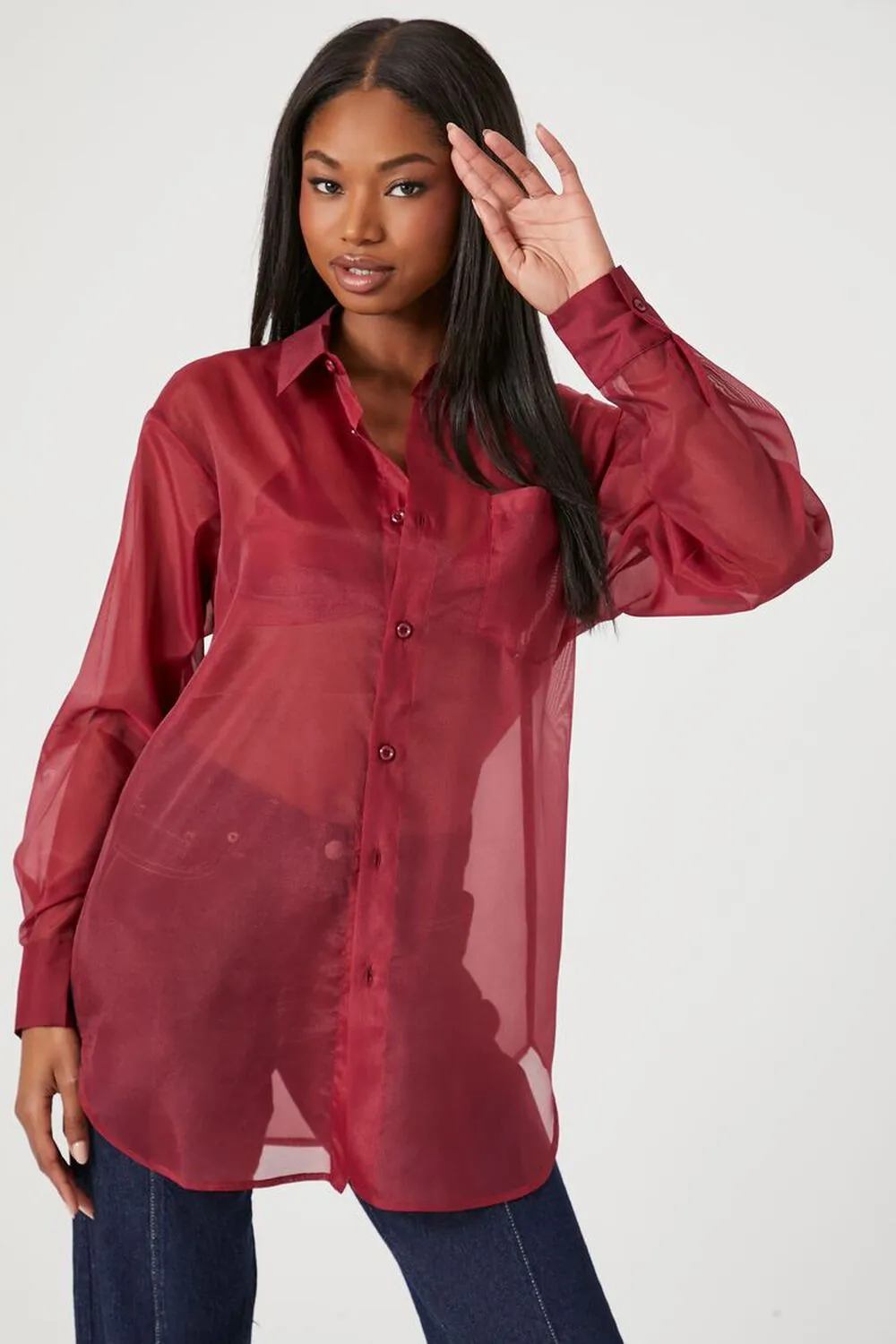 Forever 21 sheer organza shirt, burgundy