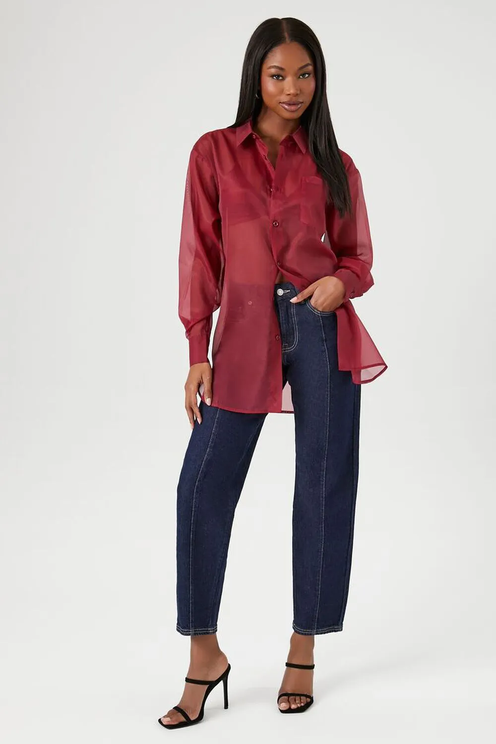 Forever 21 sheer organza shirt, burgundy