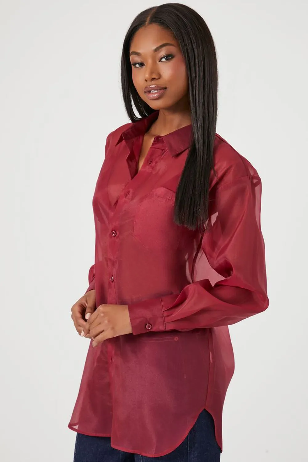 Forever 21 sheer organza shirt, burgundy