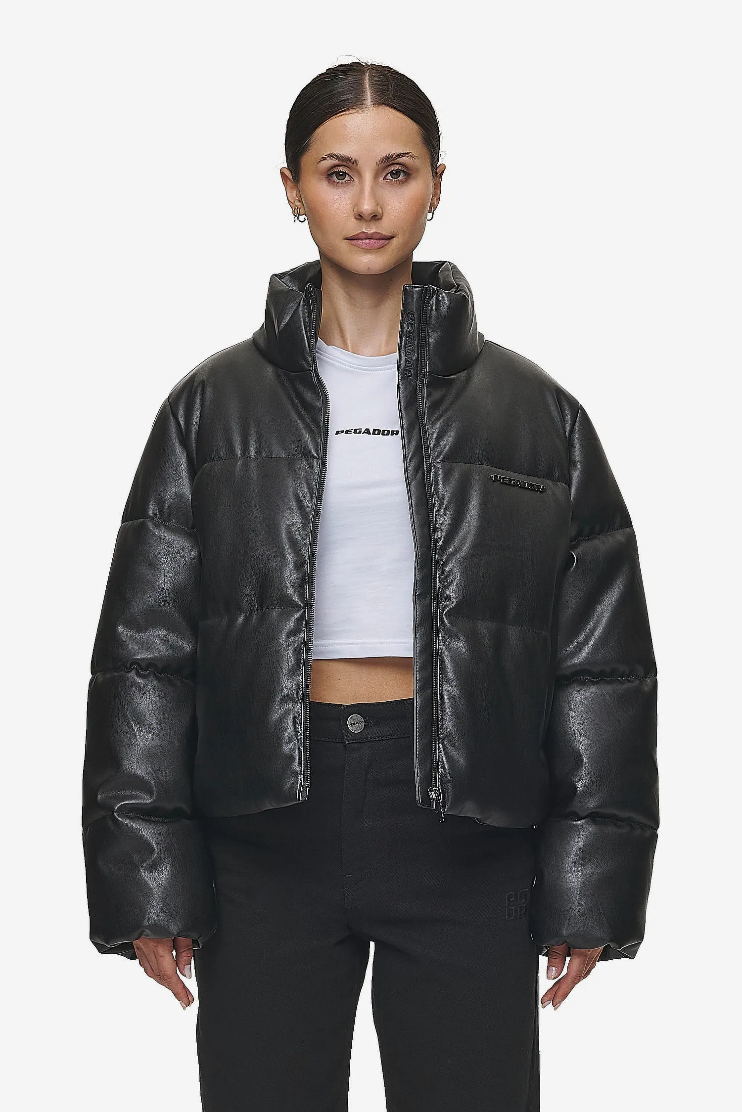 Georgia Faux Leather Puffer Jacket Metal Logo Black