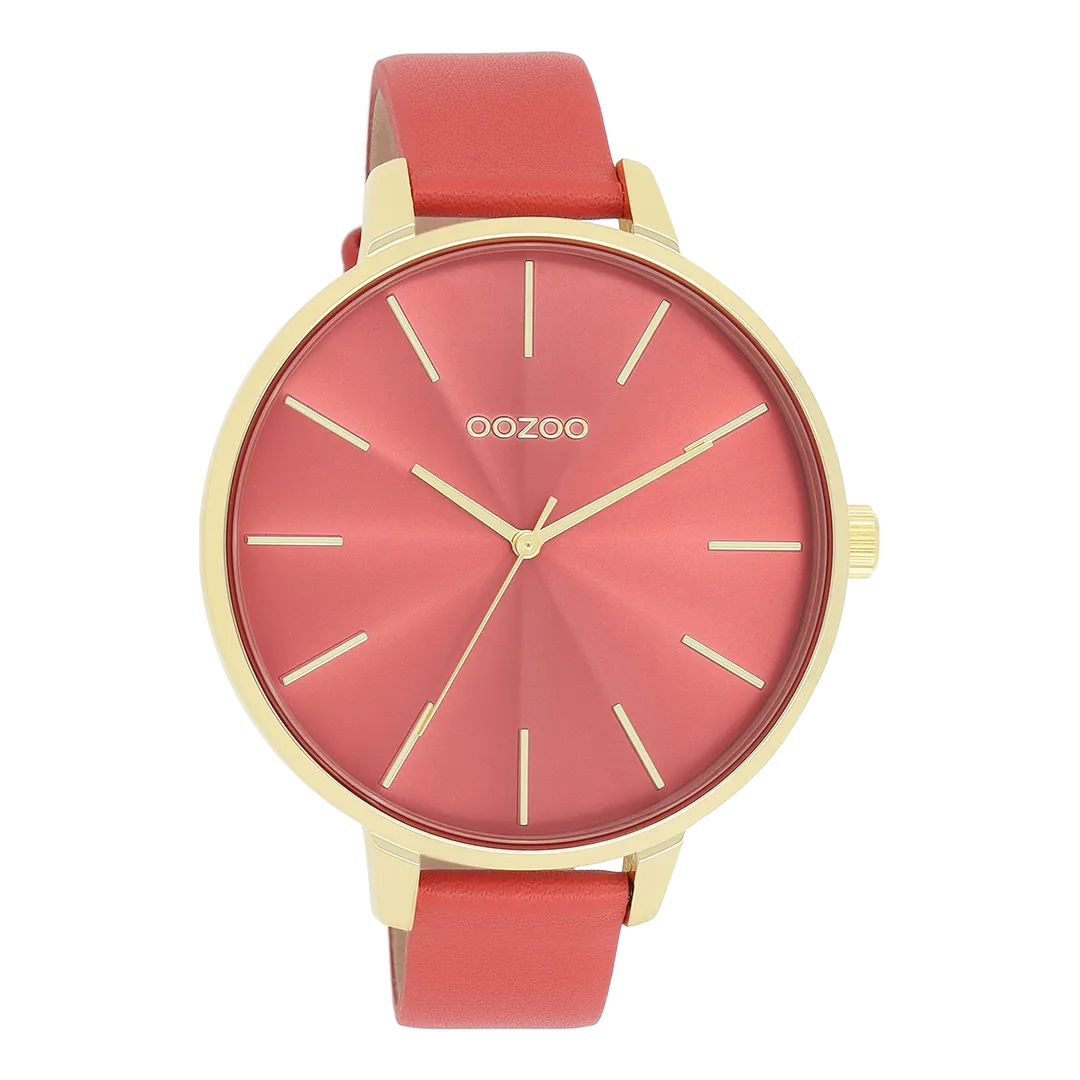 Gold coloured OOZOO watch with red leather strap - C11255