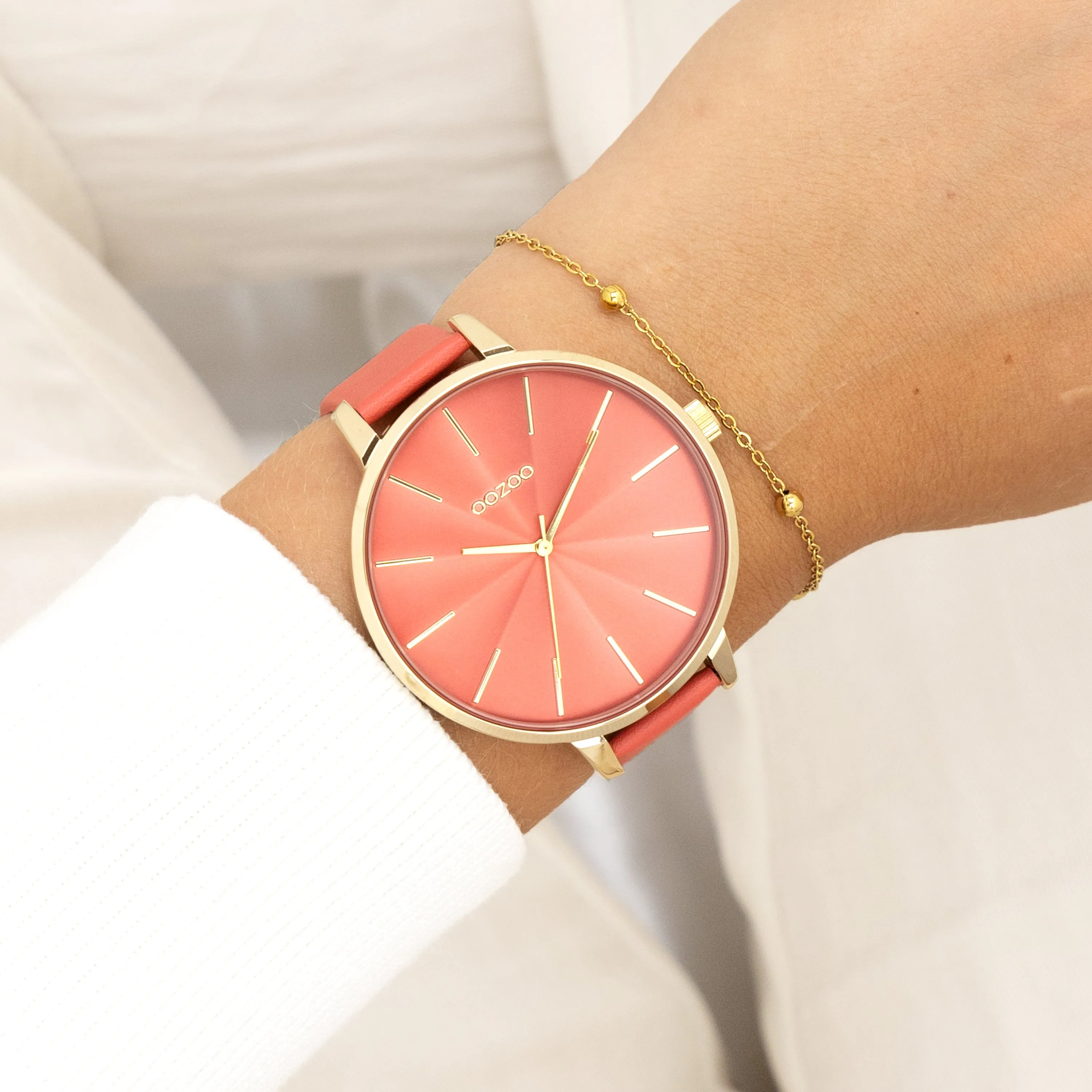 Gold coloured OOZOO watch with red leather strap - C11255