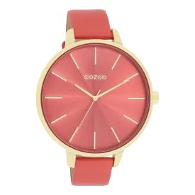 Gold coloured OOZOO watch with red leather strap - C11255