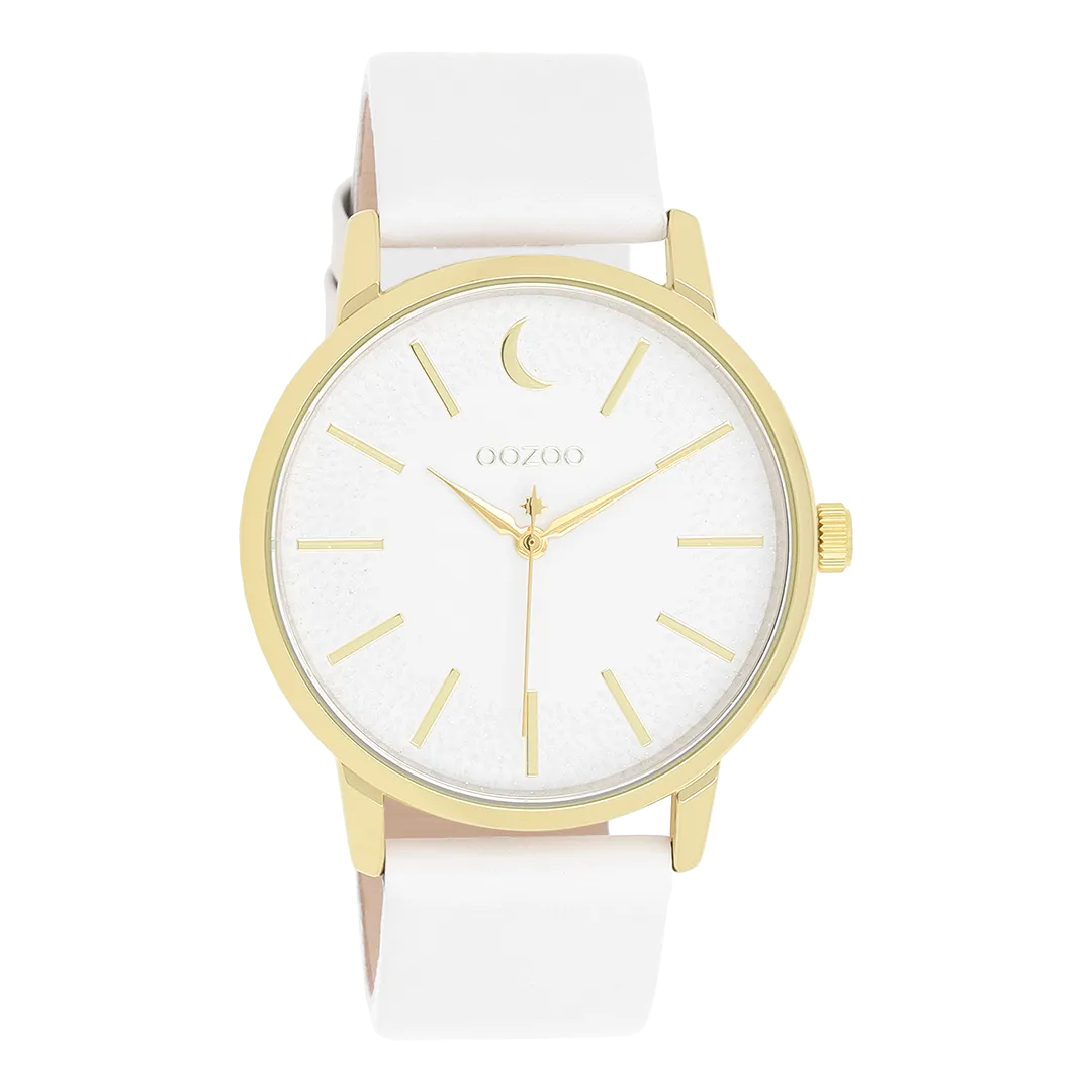 Gold coloured OOZOO watch with white leather strap - C11156