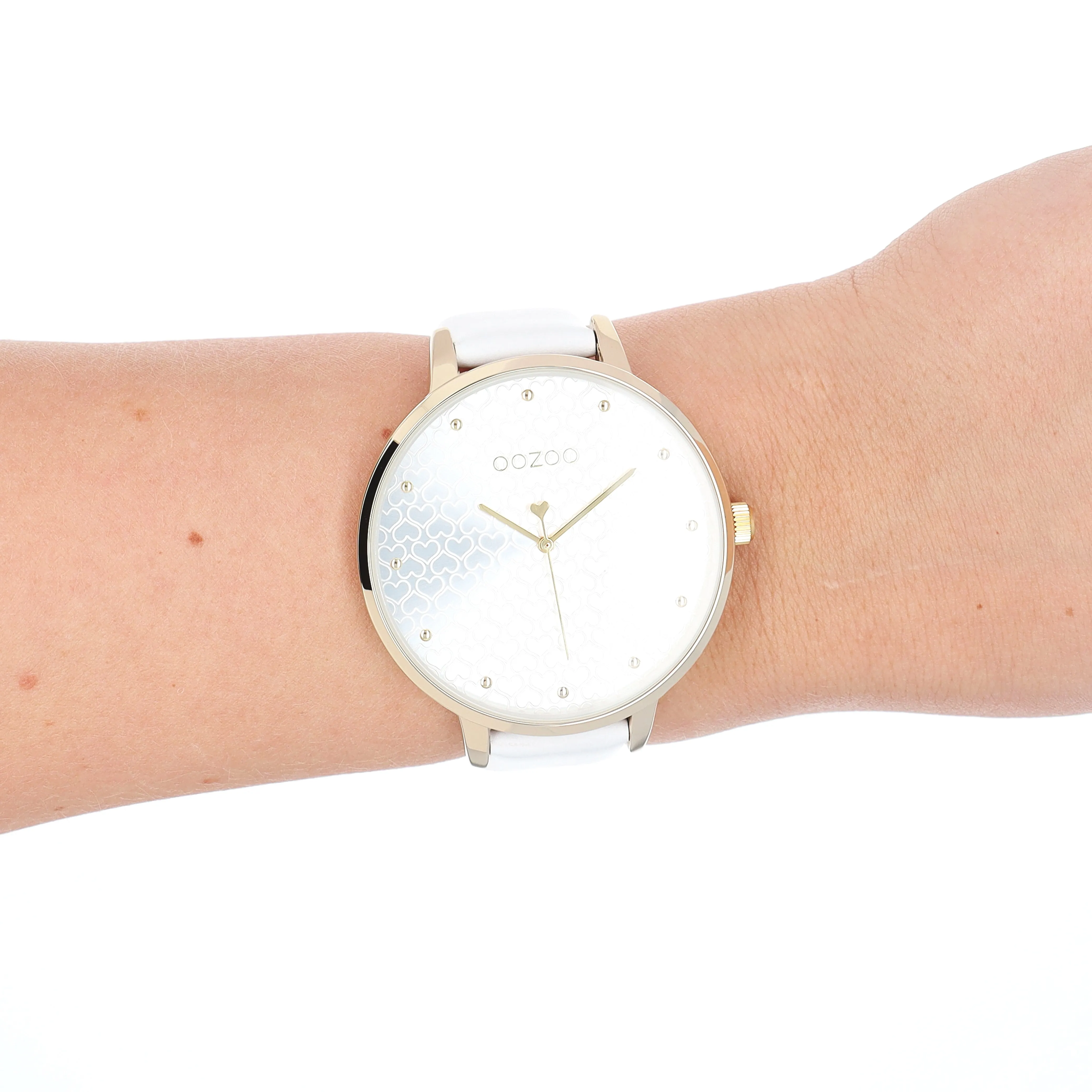 Gold coloured OOZOO watch with white leather strap - C11158