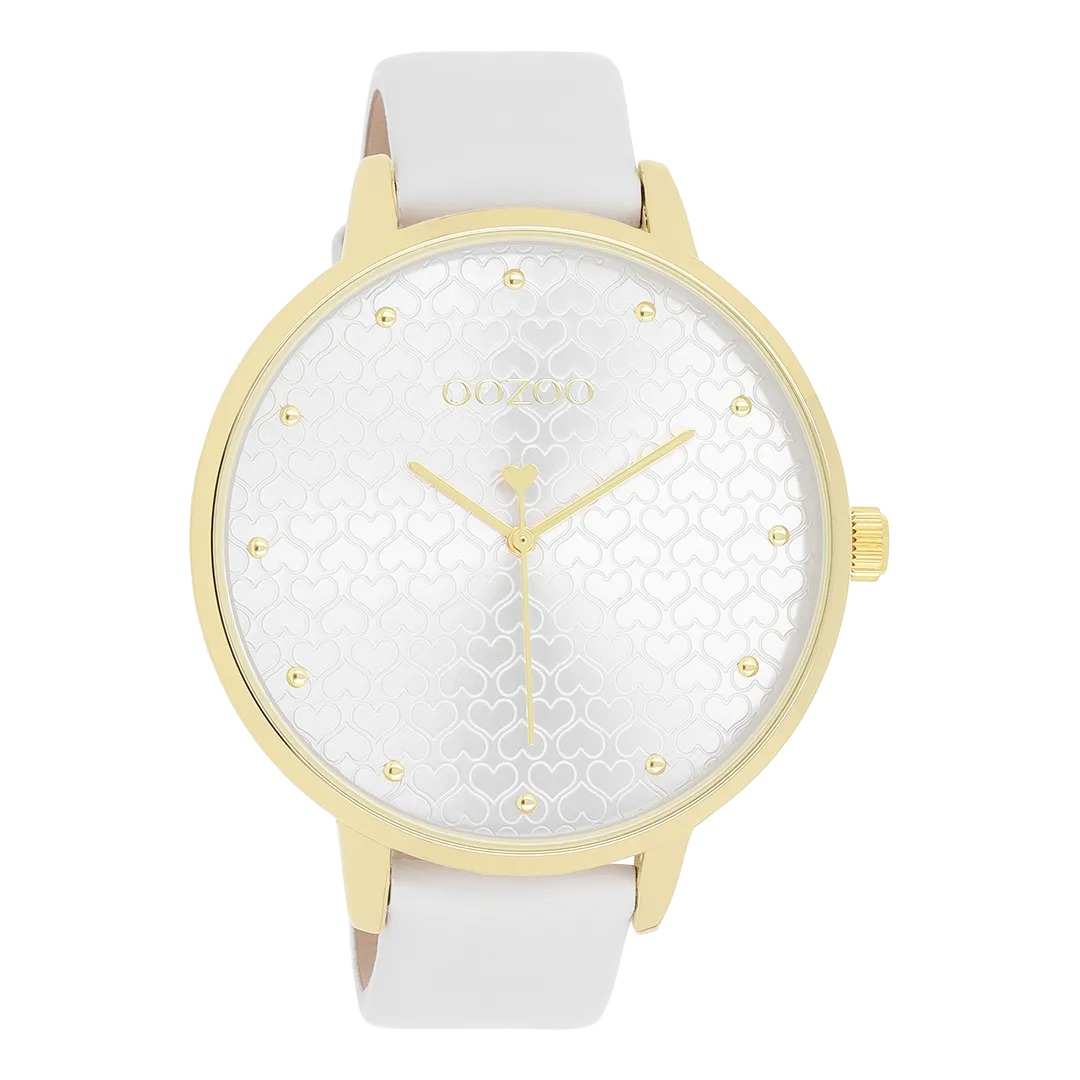 Gold coloured OOZOO watch with white leather strap - C11158