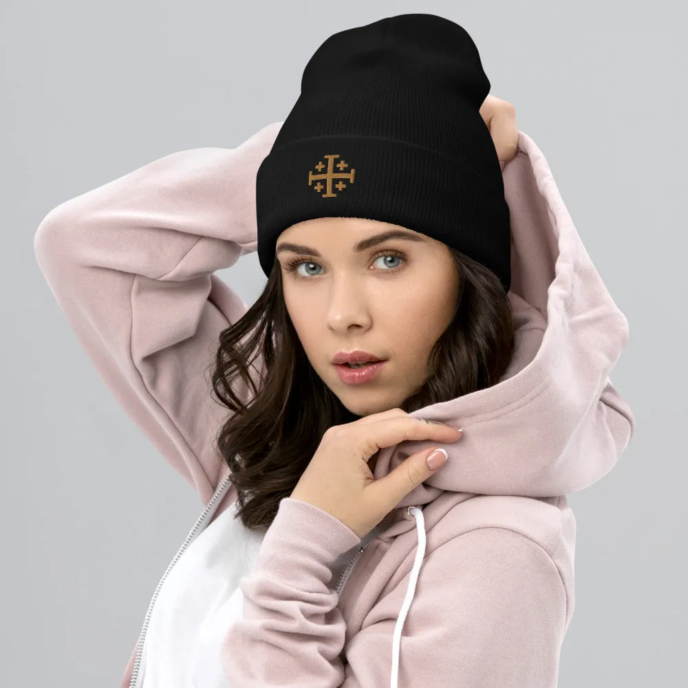 Gold Jerusalem Cross Cuffed Beanie