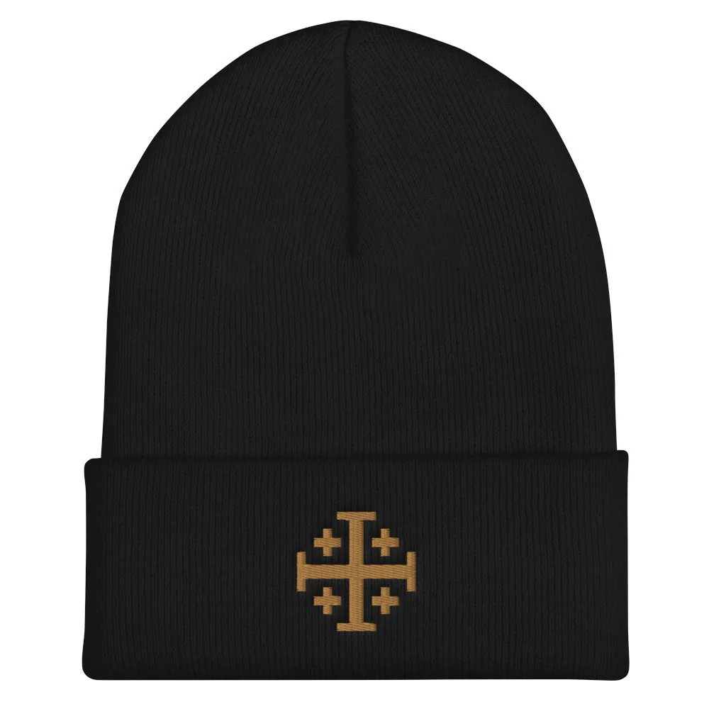 Gold Jerusalem Cross Cuffed Beanie